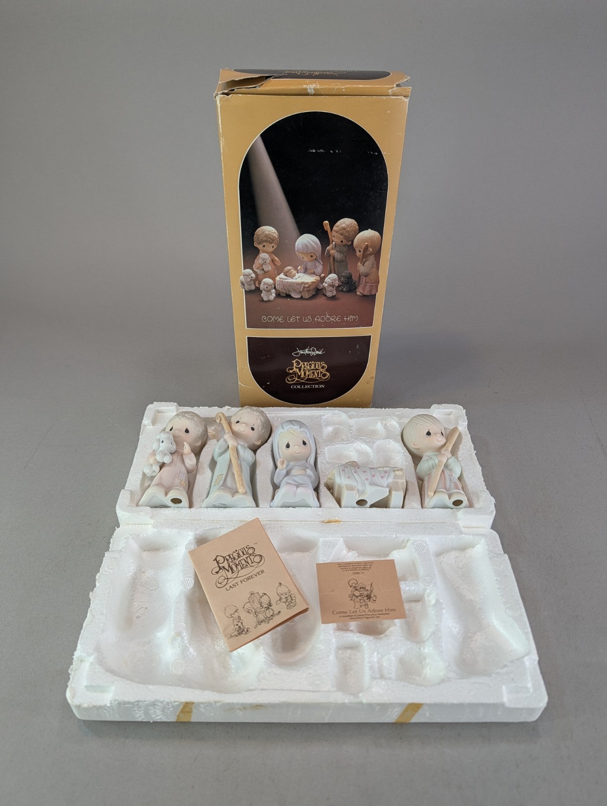 VTG 1986 Enesco Precious Moments 5 Pc Nativity Set Come Let Us Adore Him *READ*