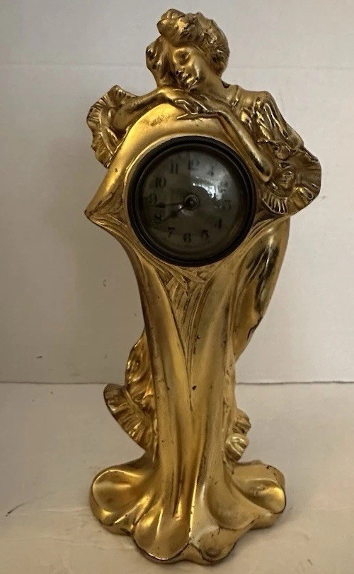 Antique Art Nouveau Figural Lady Spelter Bronze Mantle Clock 11”