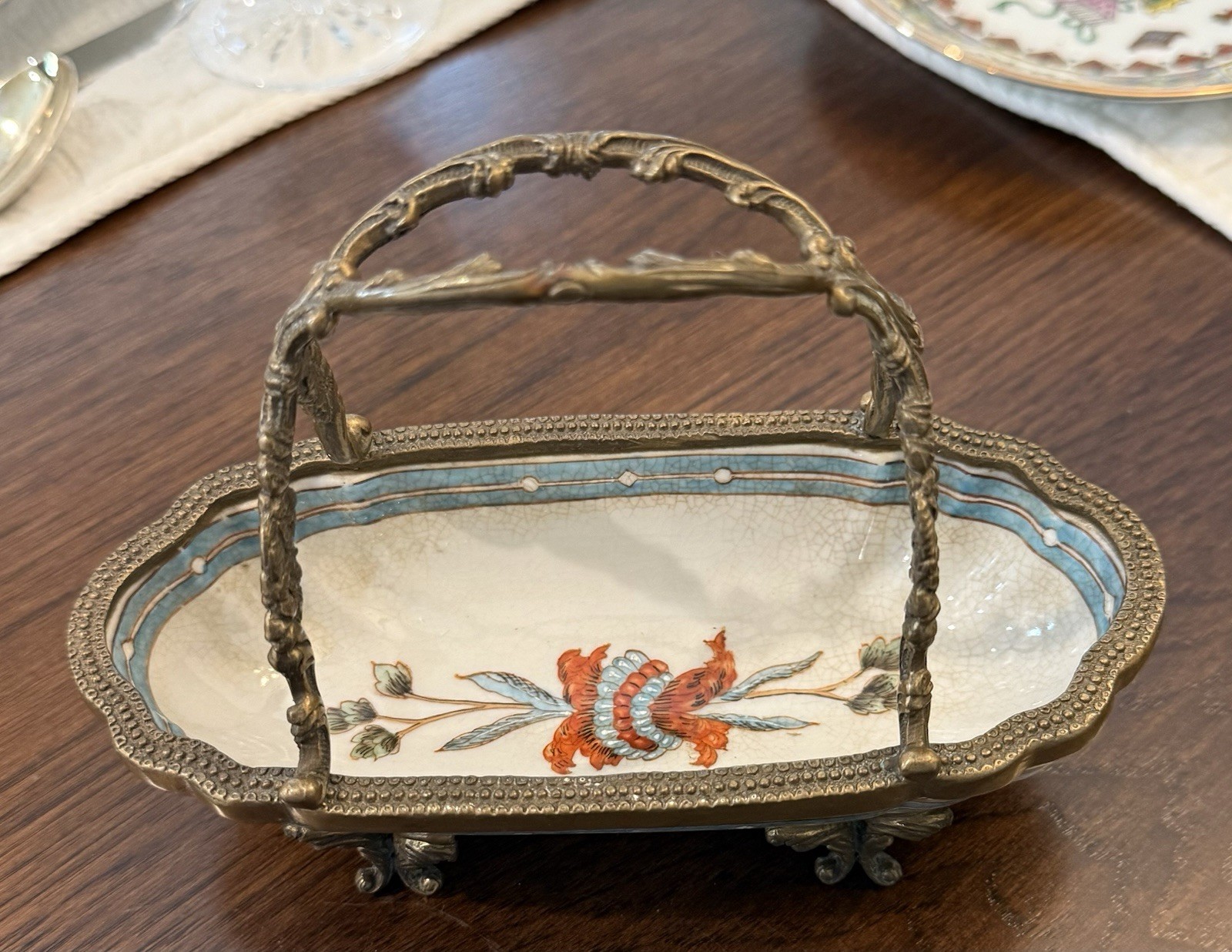 Vintage Chinese Crackle Glaze Ornate bronze Handle Basket Blue Flower