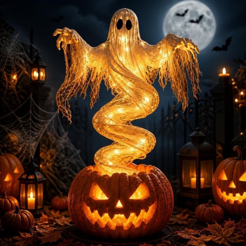 LED Swirling Ghost Pumpkin Yard Lamp | Lighted Halloween Garden Decor, Outdoor L
