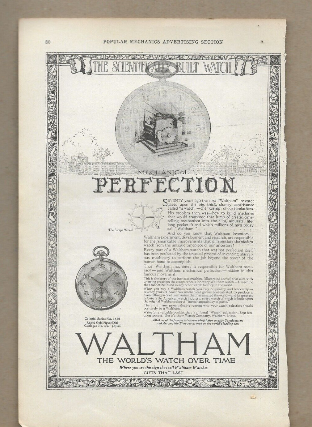 WALTHAM WATCH CO. MECHANICAL COLONIAL SERIES NO. 1420 RAISED GOLD FIGURE DIAL .1