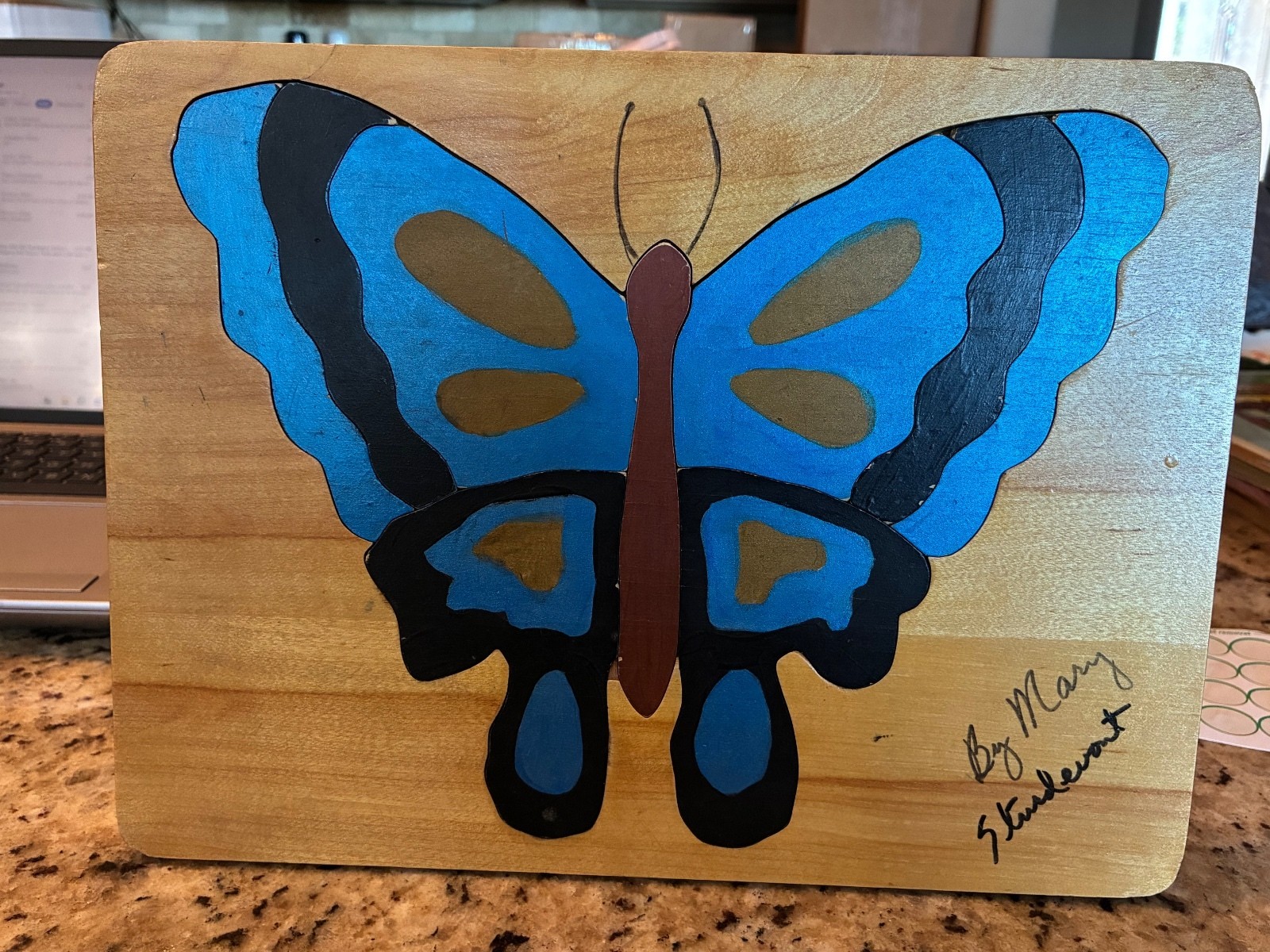 Vintage Hand Painted Signed Wooden Butterfly Puzzle Intarsia Wood Art