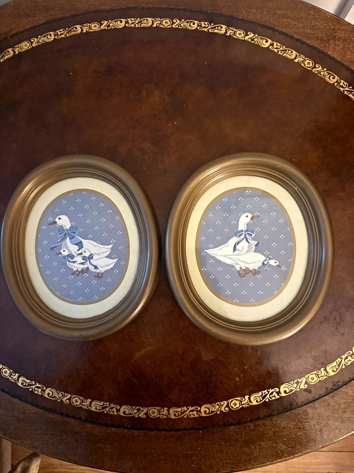 Set of 2 vintage 1980s Country Geese oval framed wall art