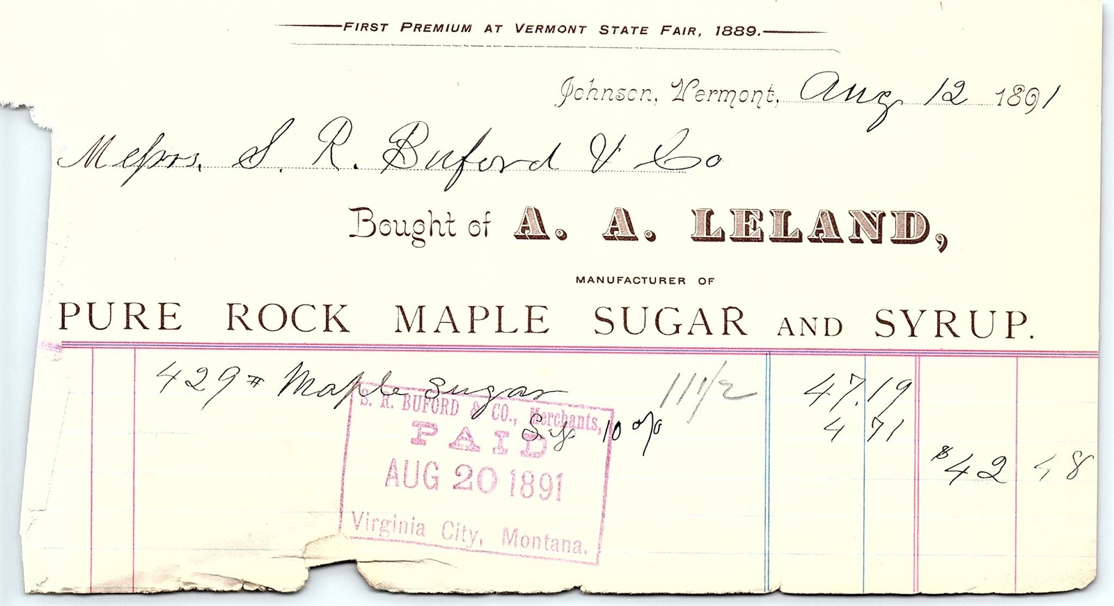 1891 A.A. Leland VT Maple Sugar billhead, S.R. Buford MT