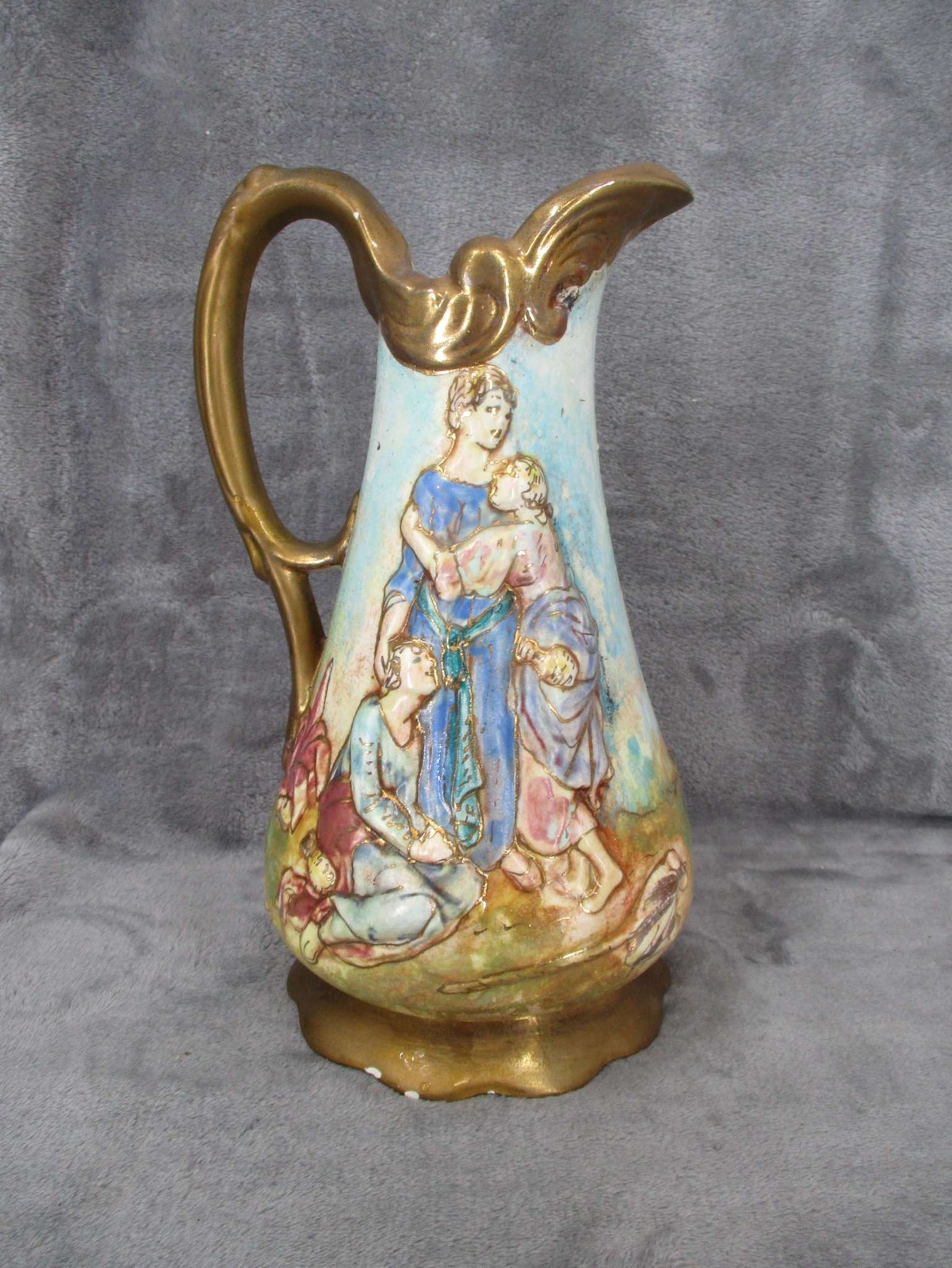 Antique Porcelain Pitcher Figural Scene Ornate Gold Trim Vintage Decorative Used