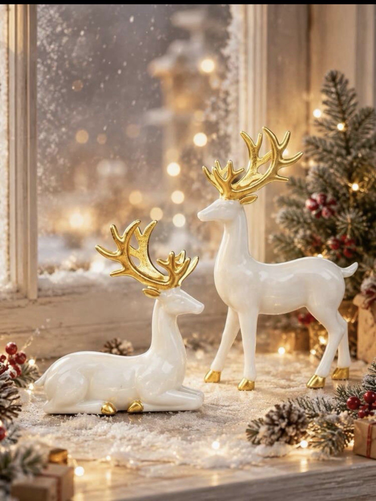 Christmas Reindeer Figurine Set White Deer with Gold Antlers Holiday Decor