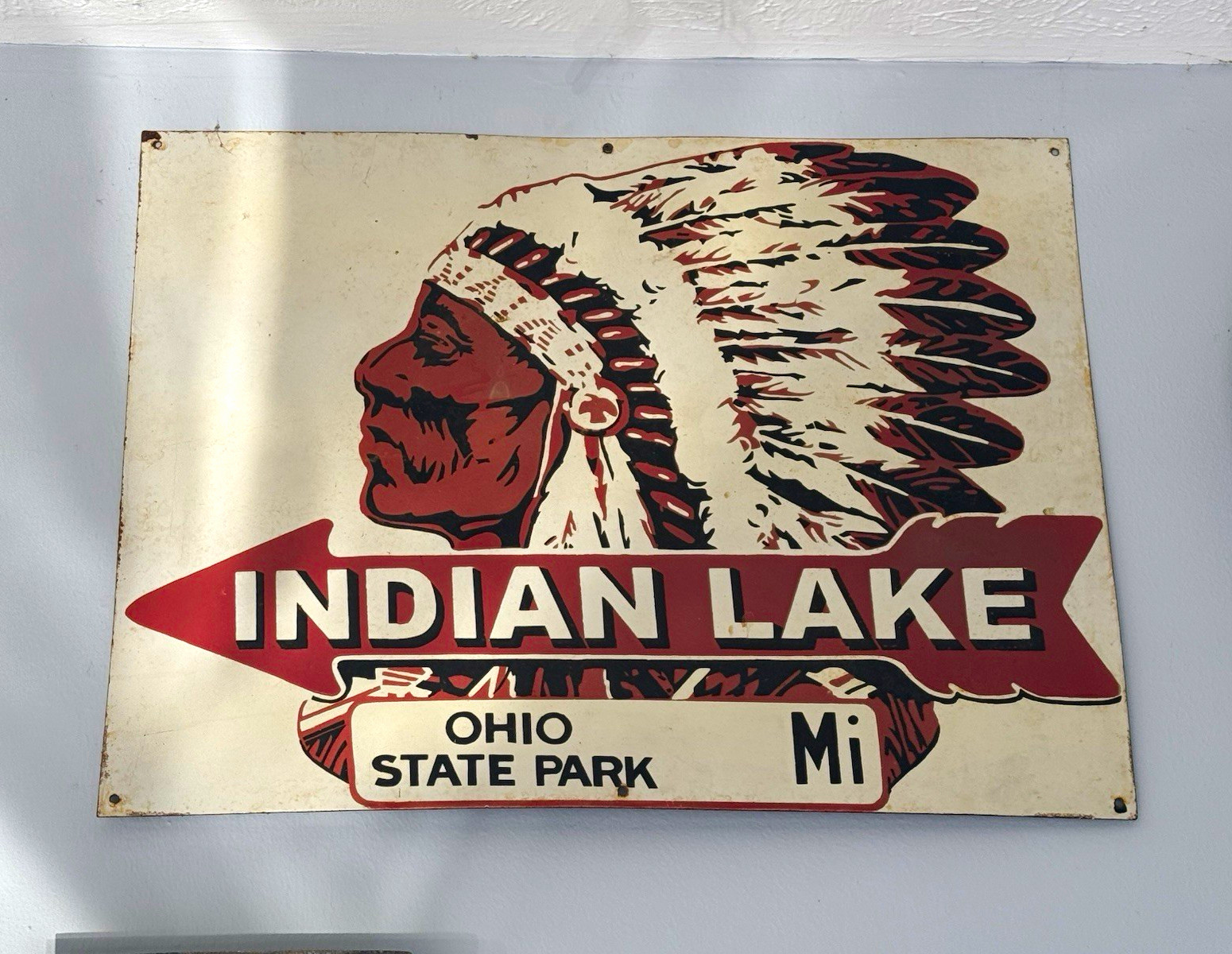 Indian Lake Ohio State Park Original Advertising Sign Beige Red Black White