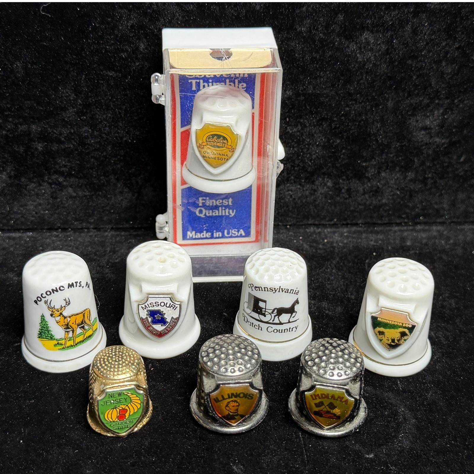 Vintage Souvenir Thimble Lot of 8: Cabelas, Pocono, IL, IN, MN, MO,  NJ, PA