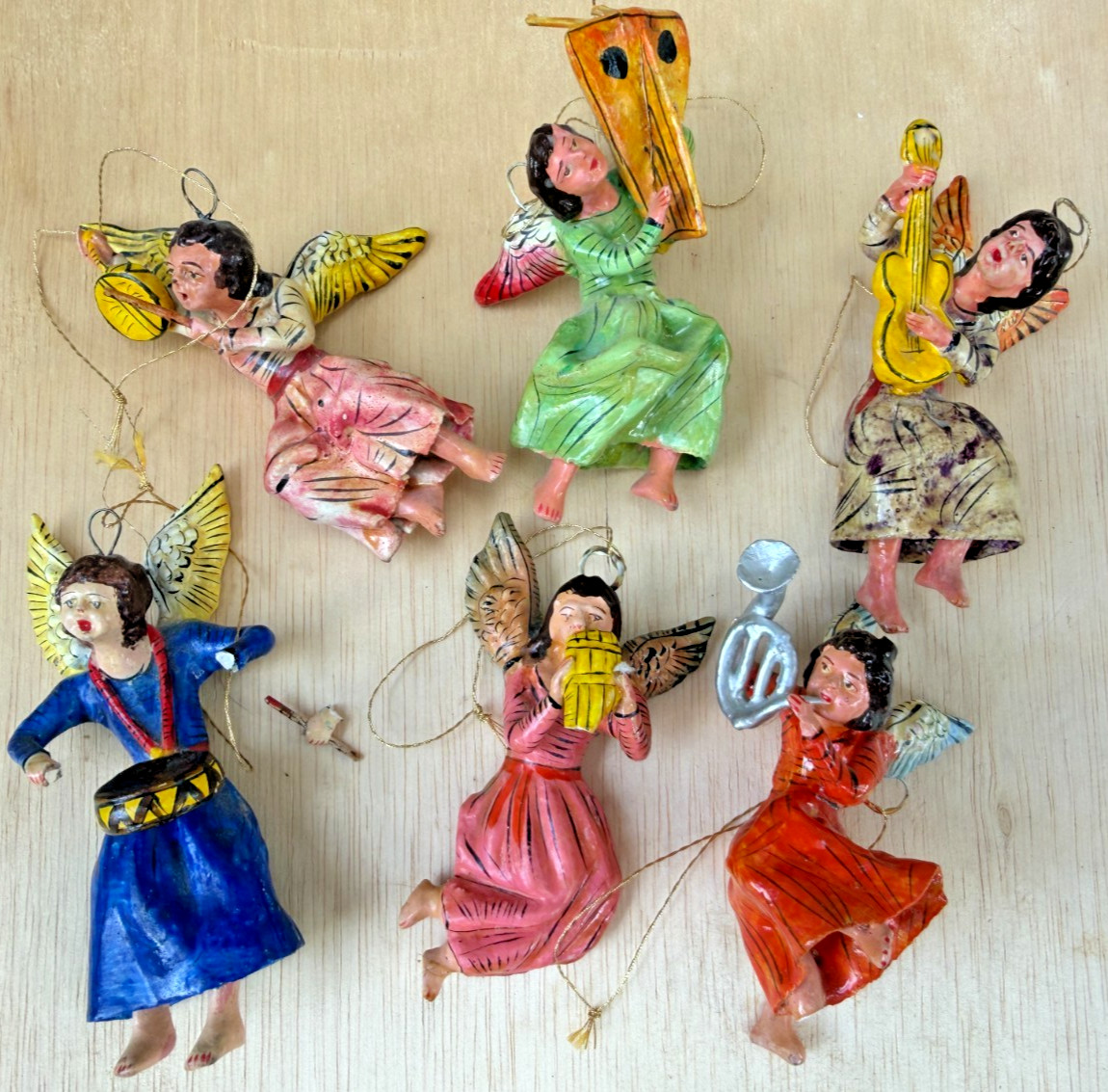 6 Vintage Mexican Folk Art Guerrero Angels Playing Instruments Ornaments Rare