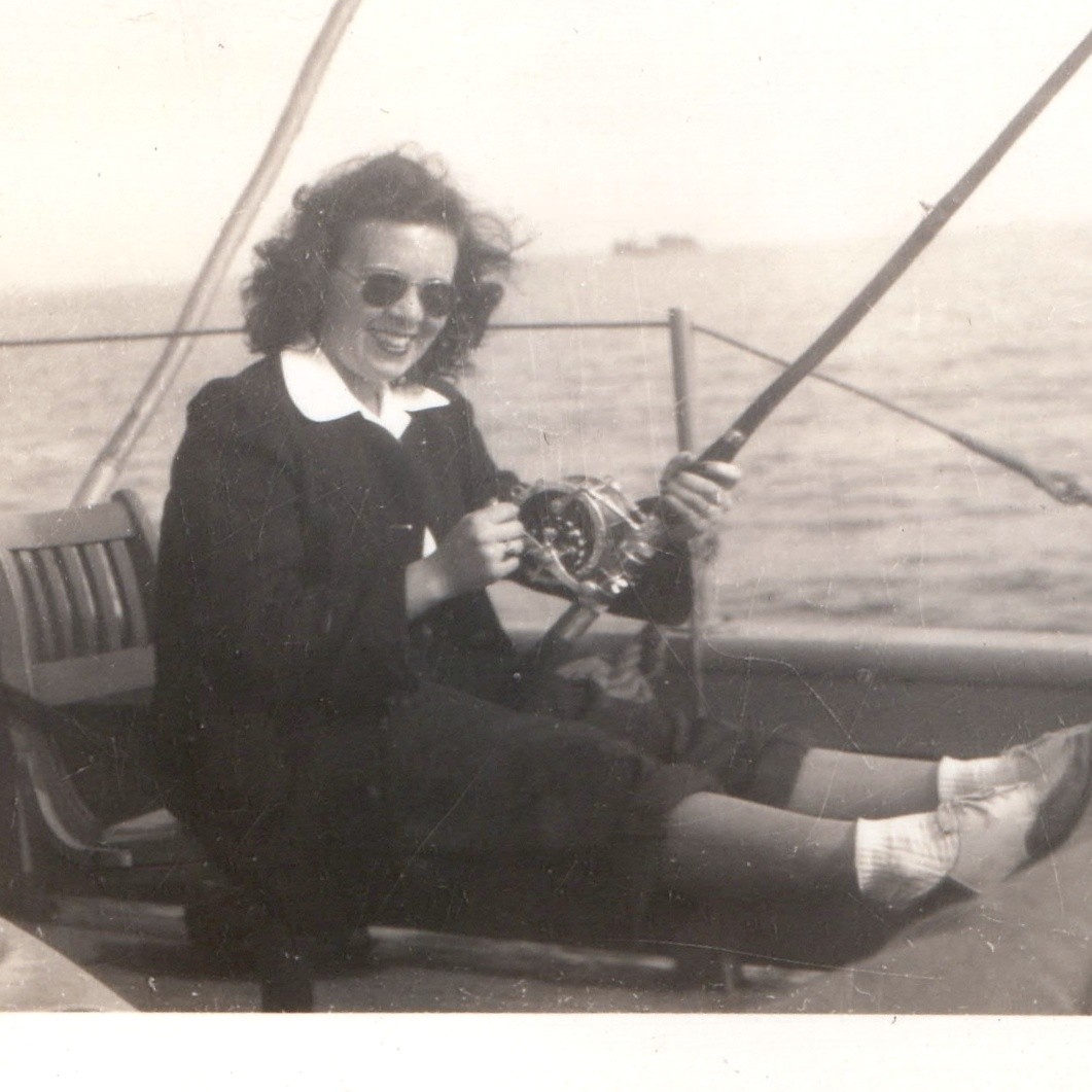 c1940s Deep Sea Boat Fishing Woman Soldier Snapshot Photo Reel Deck Sunglasses