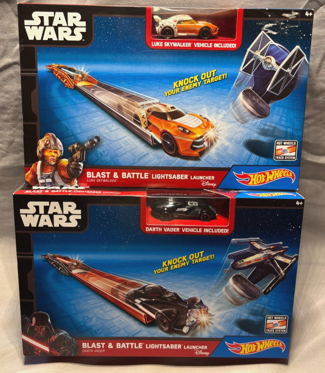 Hot Wheels Star Wars Luke and Vader Blast & Battle Lightsaber Launcher Both New