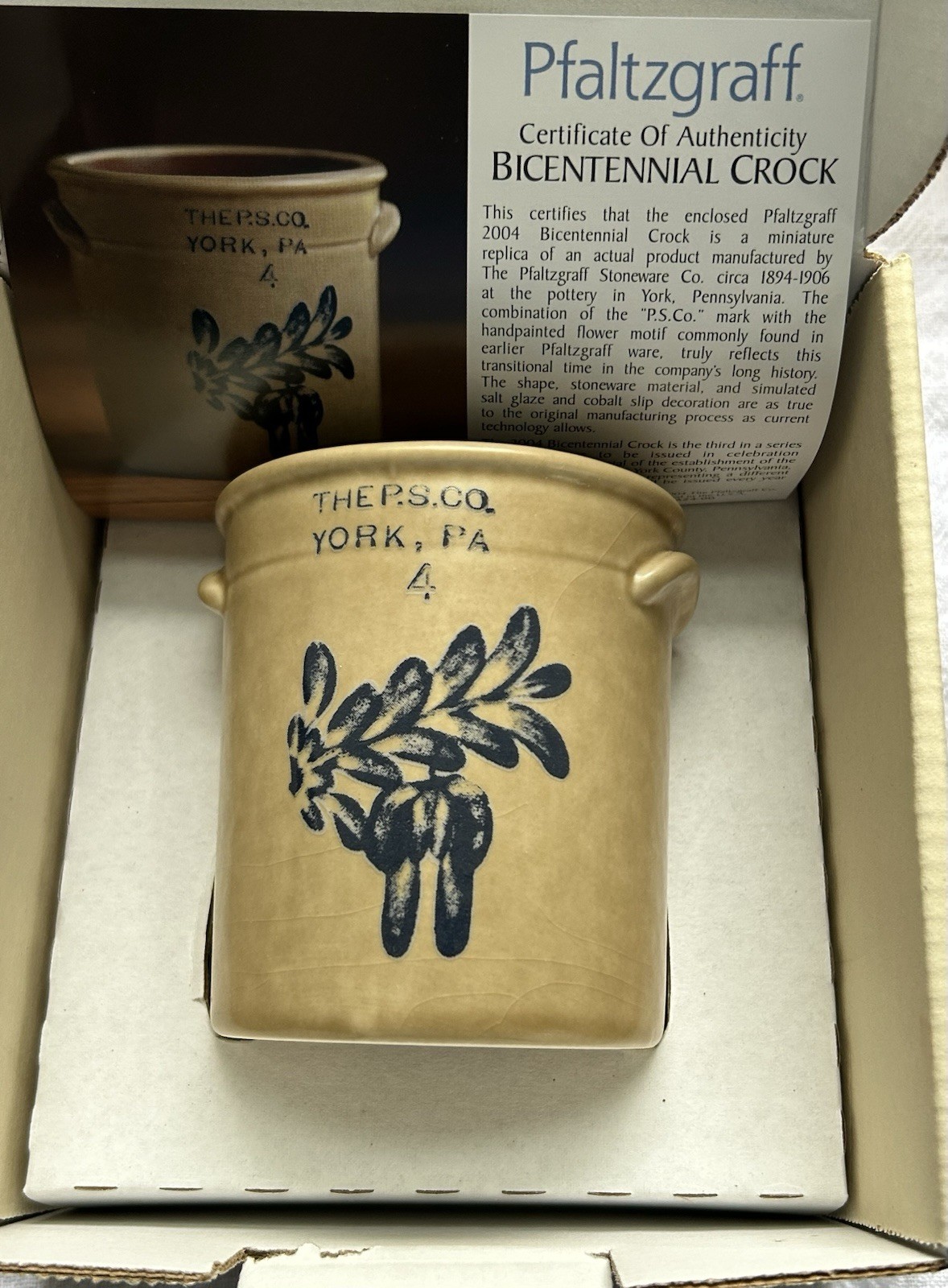 PFALTZGRAFF FOLK ART 2004 BICENTENNIAL CROCK IN BOX STONEWARE W COA