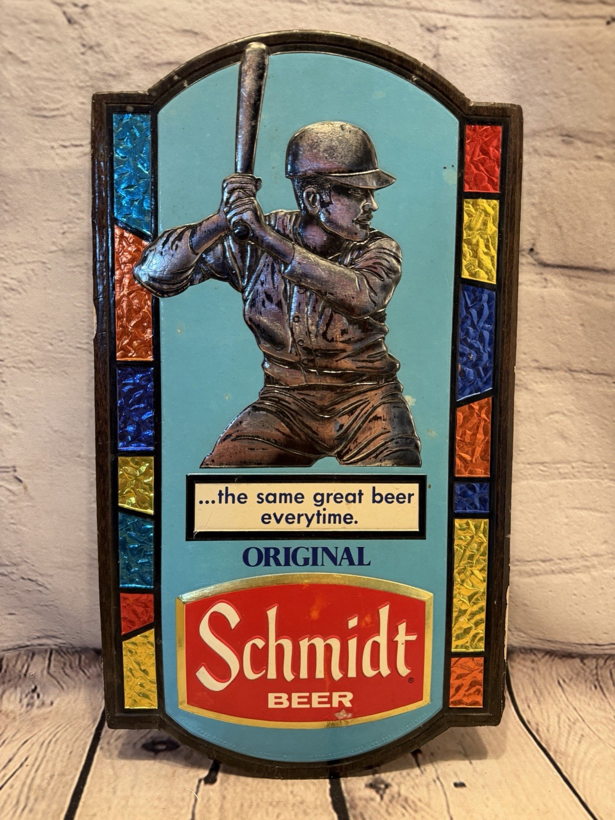 Vintage Schmidt Beer Sign Baseball Player Foil Over Cardboard G Heileman Brewing