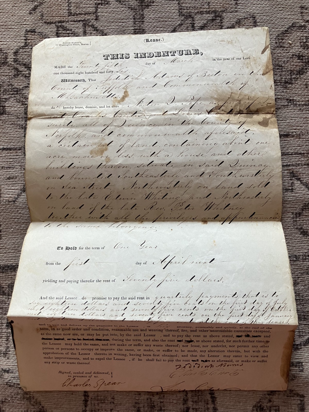 1846 CHARLES SPEAR SIGNED LAND INDENTURE - PRISONER\'S FRIEND Reformer Boston