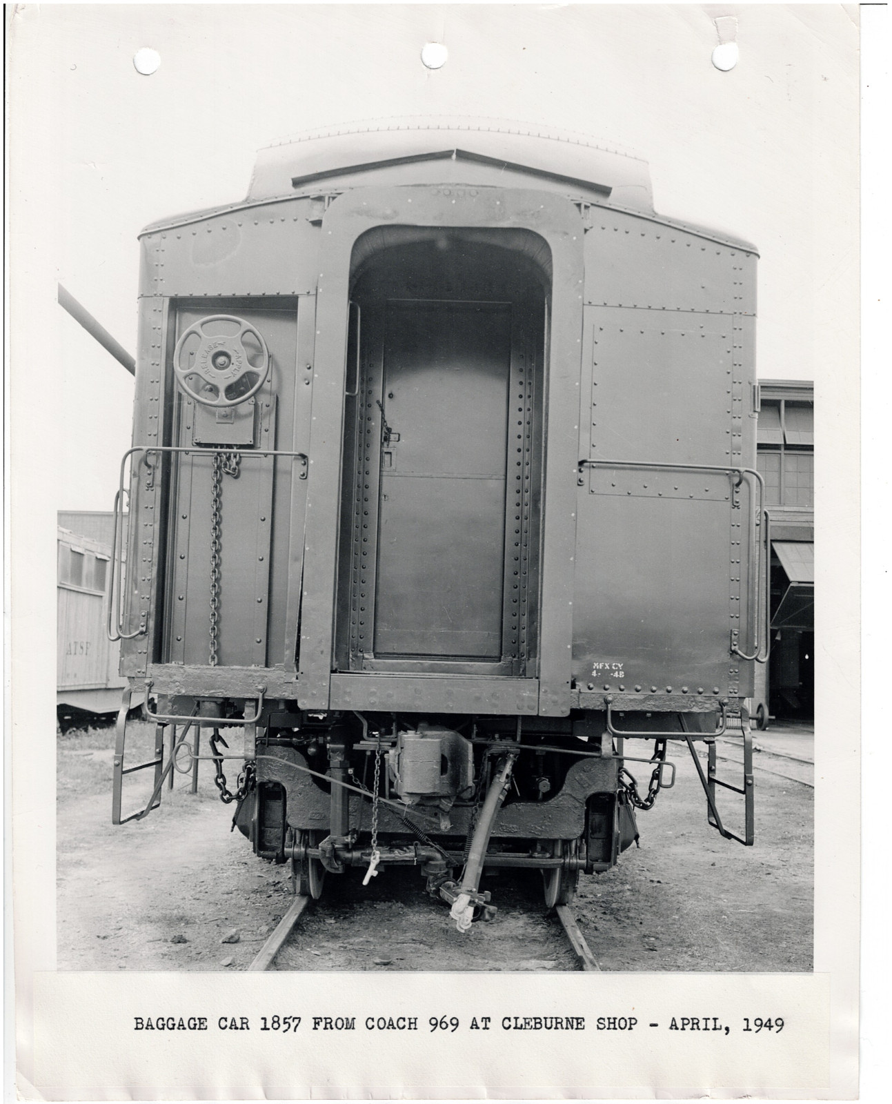 VINTAGE B&W RAILROAD PHOTO Baggage Car 1857 from Coach Cleburne  Santa Fe 1949