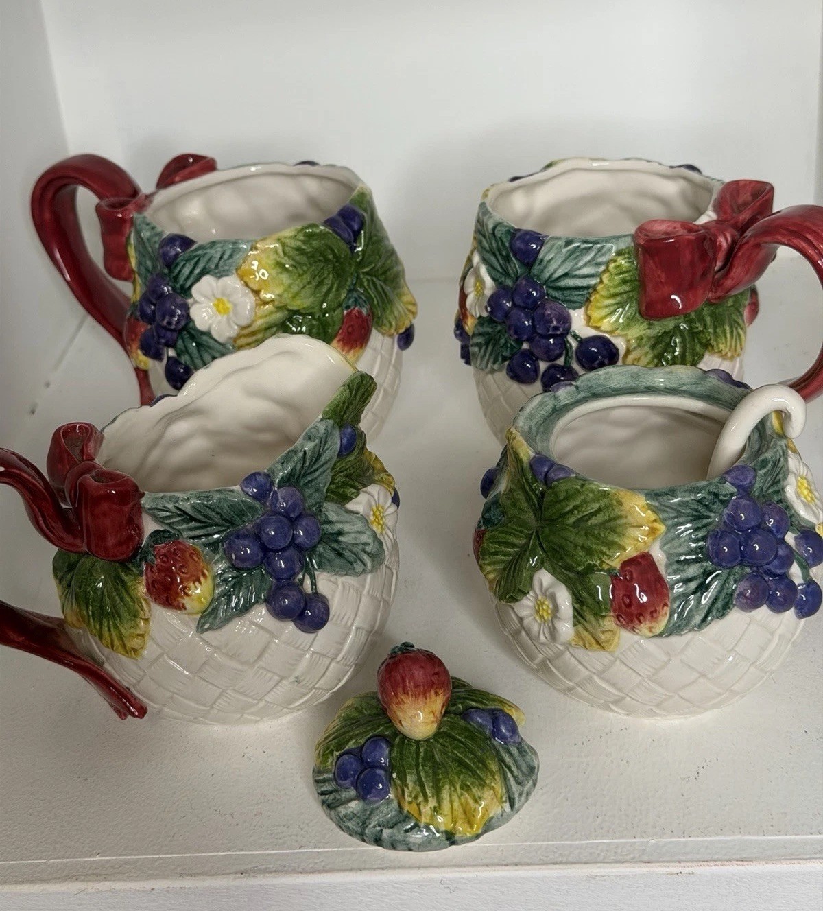 Vintage 1995 Fitz & Floyd Berry Patch 4 Pc Set Cups Creamer Sugar Bowl Fruit