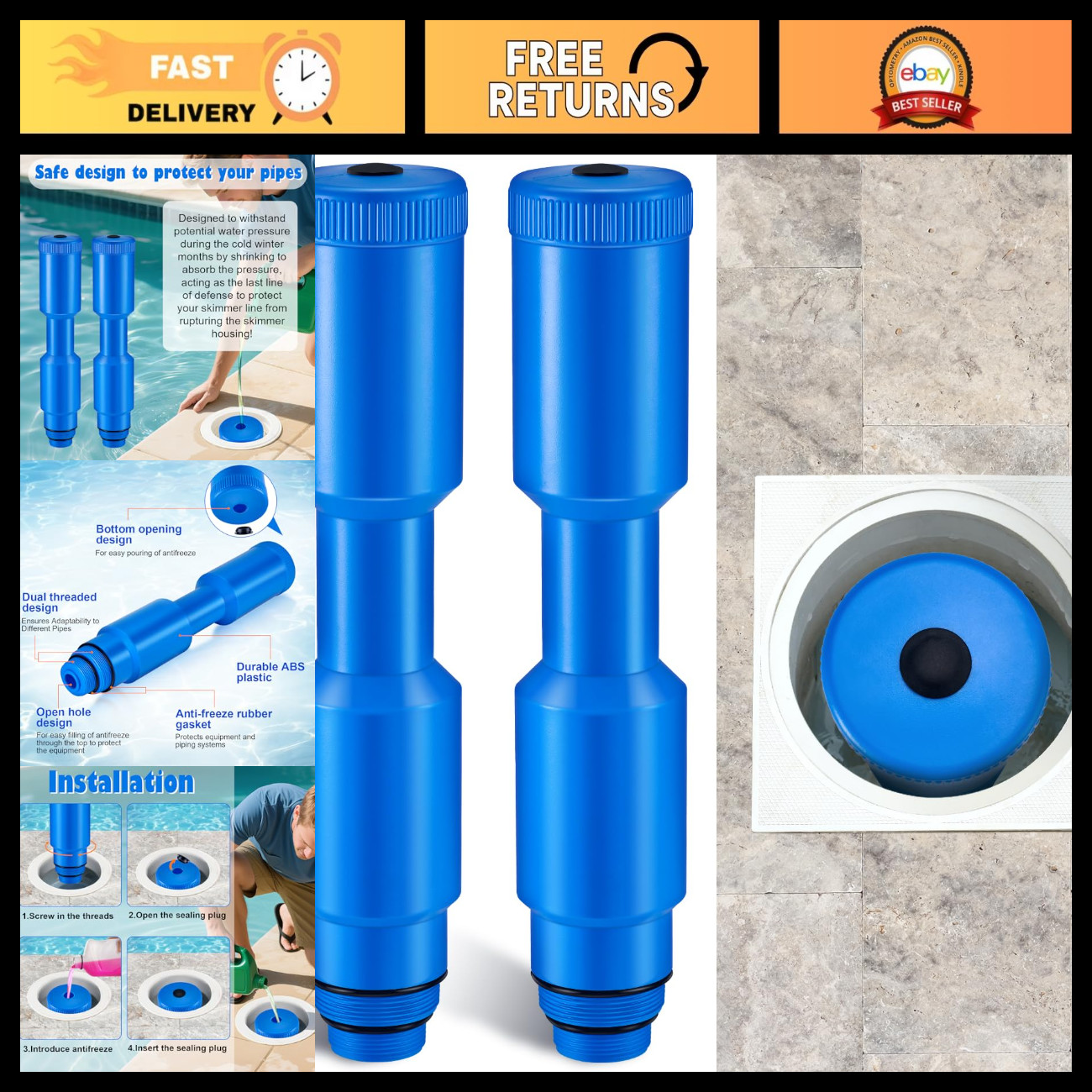2 Pack 16 in Pool Skimmer Plug for 1-1/2 in & 2 in Threaded Skimmers