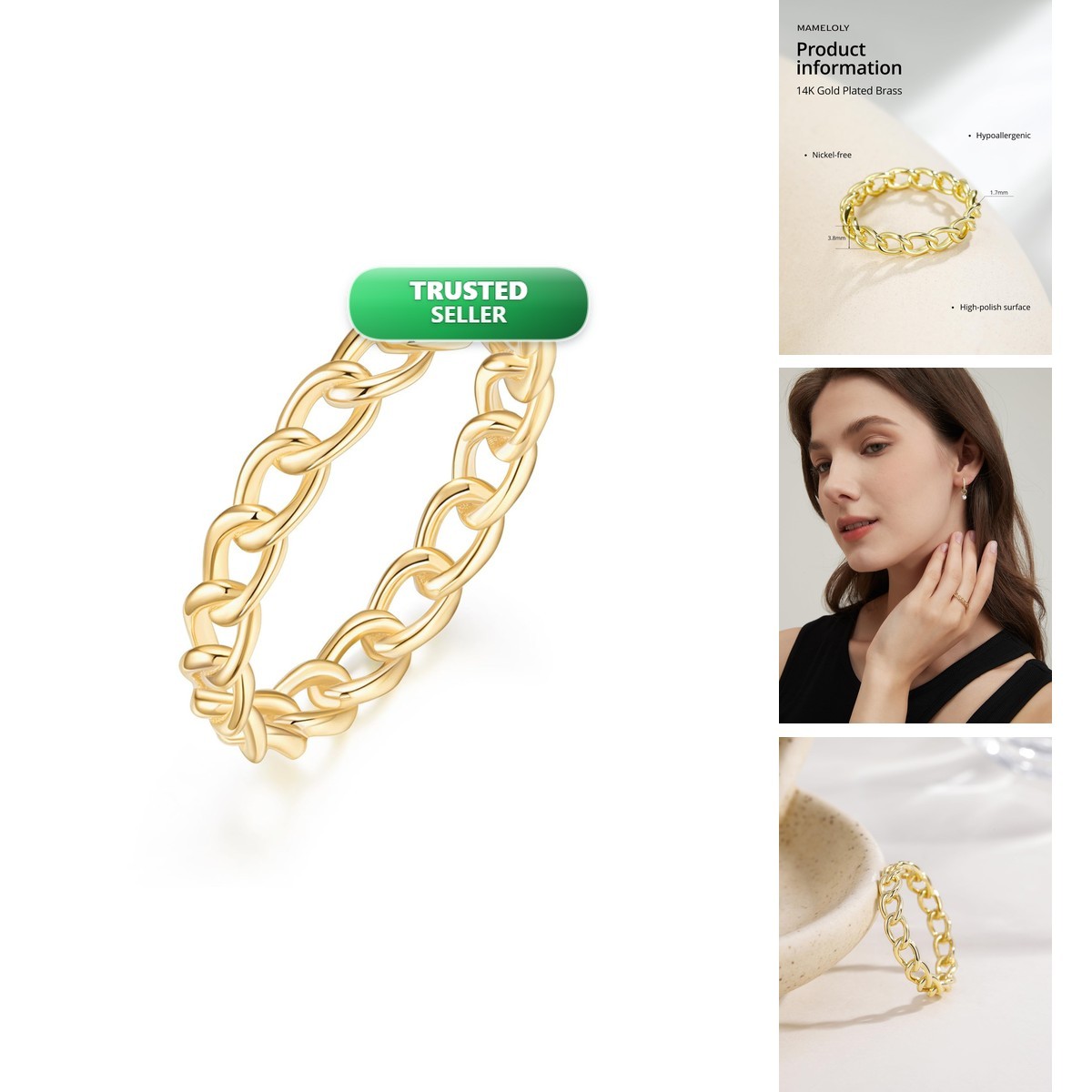 Mameloly 14K Gold Plated Open Chain Link Wedding Ring Size 9