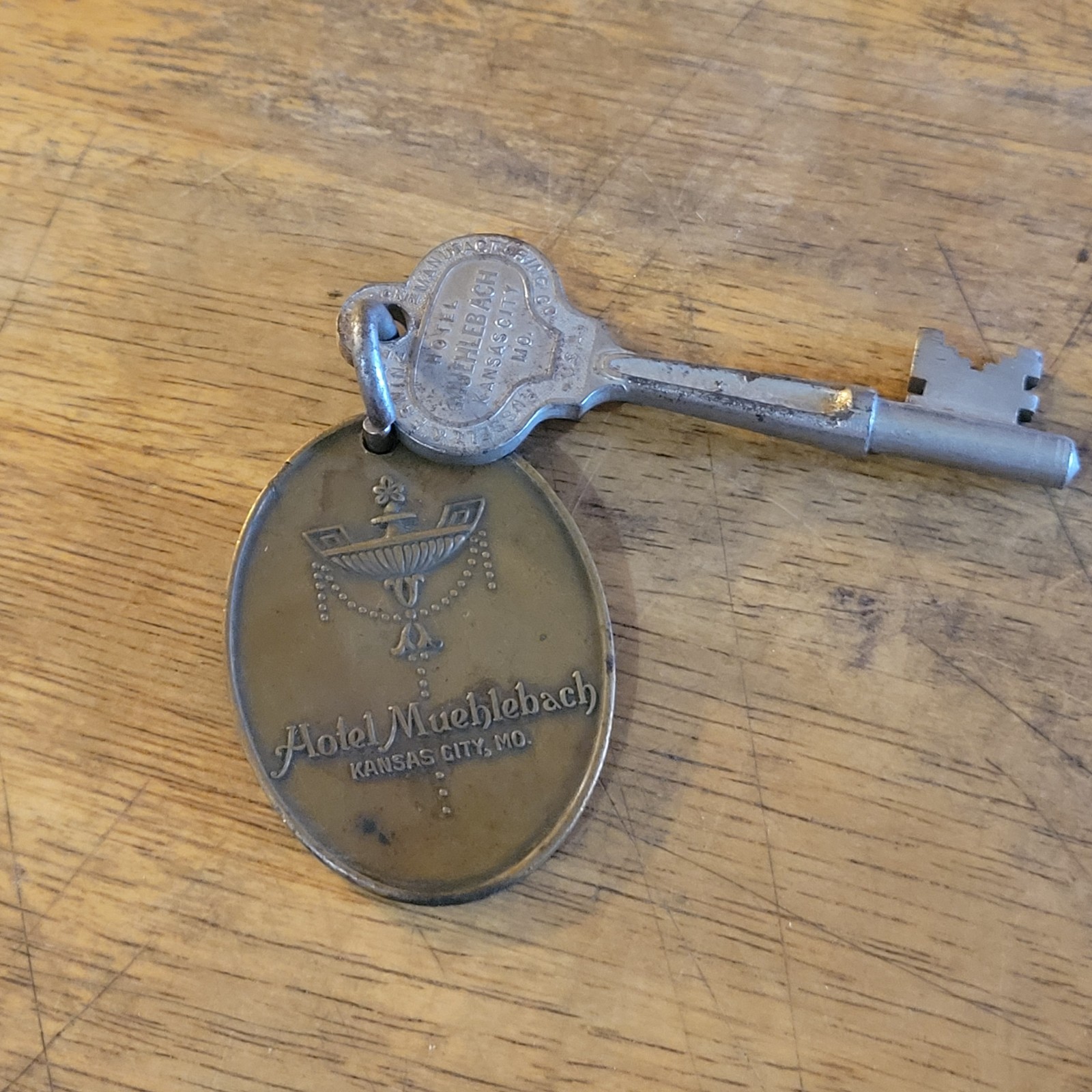 Antique Hotel Muehlebach Kansas City MO Skeleton Room Key & Fob Vtg