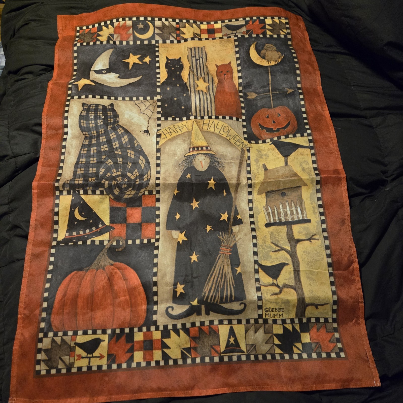 Good Witch Debbie Mumm Halloween Flag Pumpkins Black Cat Hanging Pocket Vintage