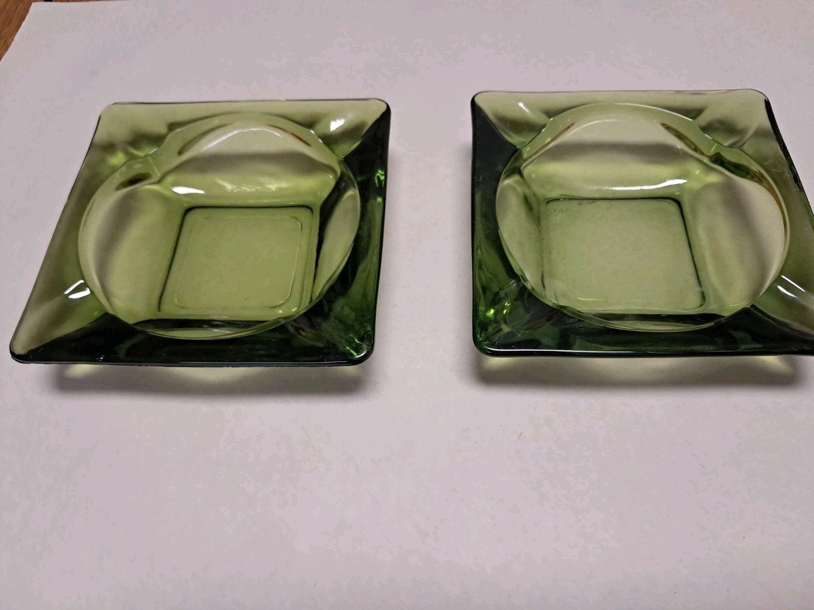 2 Vintage Beautiful Green Glass Square  4.5x4.5 Cigar Ashtrays-Price For Two