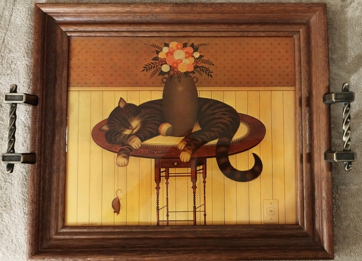 VTG Charles Wysocki Herkymer Cat Lacquer Wooden Serving Tray Wall Hanging Frame