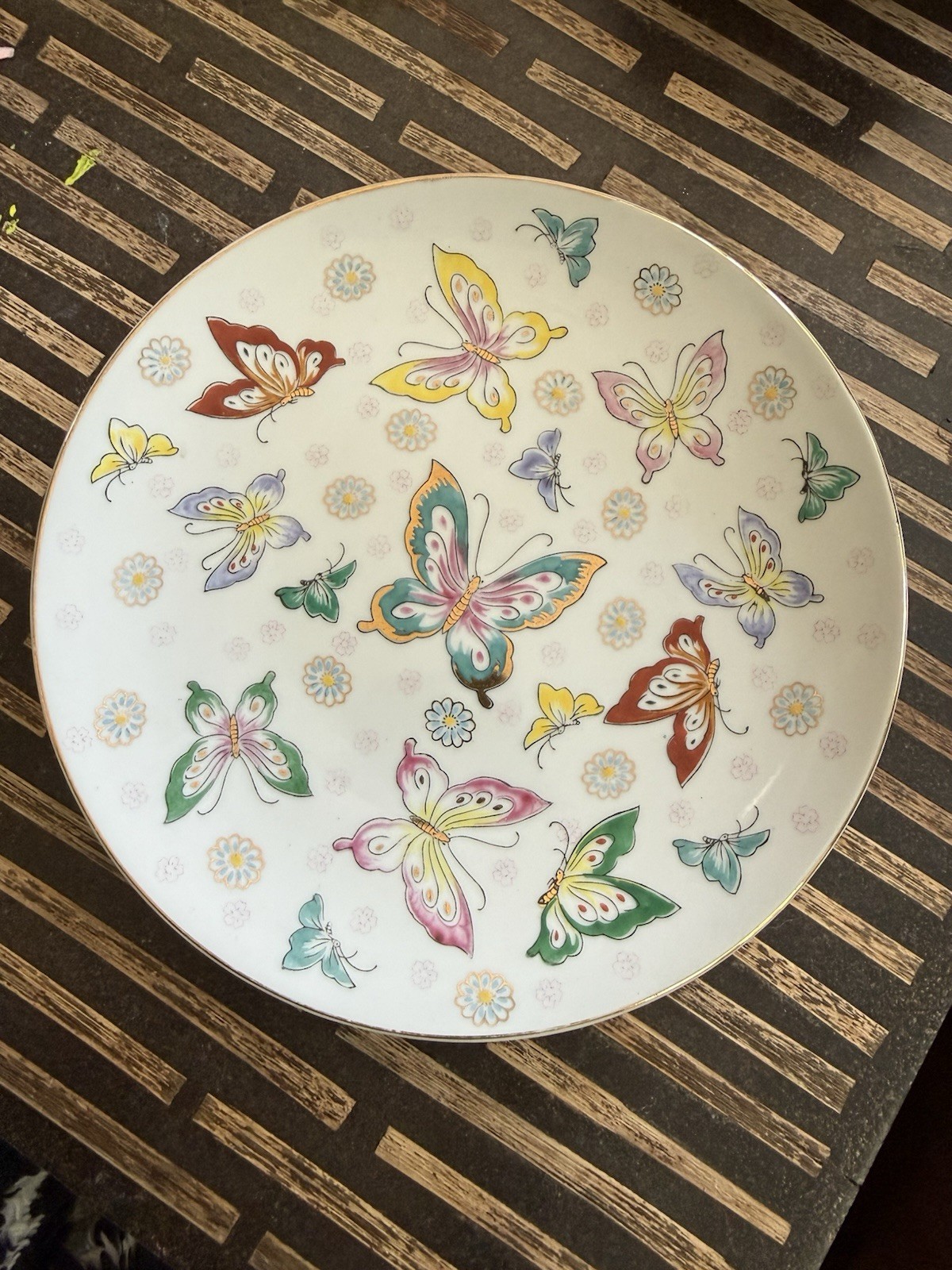 Vintage Lenwile Ardalt Japan 9” Butterfly Daisy Wall Plate Gold Trim MCM