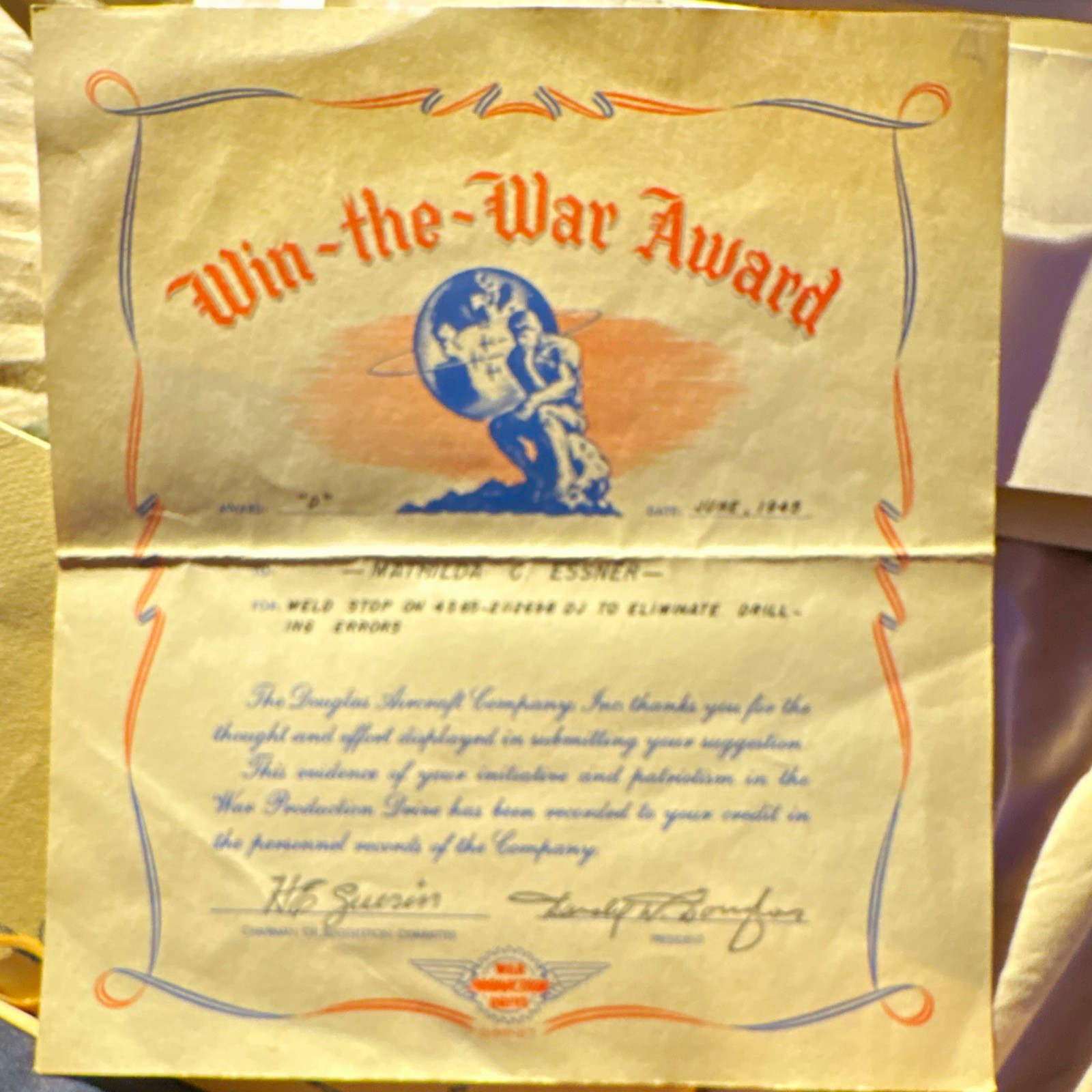 WWII Douglas Aircraft Co Win-the-War Award Original Certificate, United States