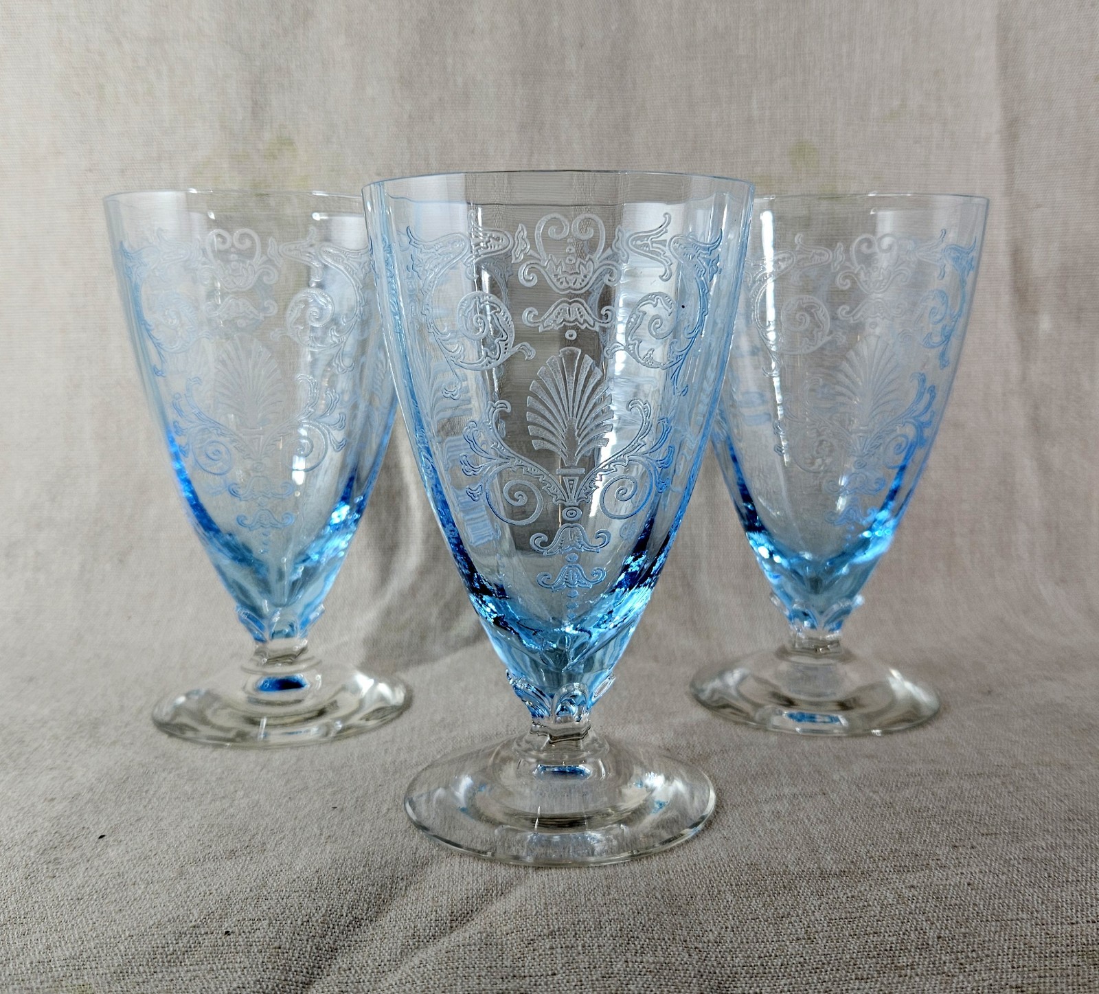 3 Fostoria Azure Blue Versailles Etched 9 oz Footed Iced Tea Depression Glasses