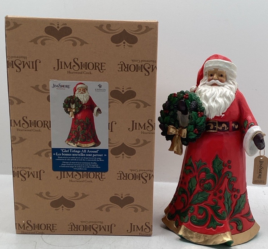 Jim Shore Glad Tidings All Around Jolly Santa Holding Wreath 6008881 New In Box