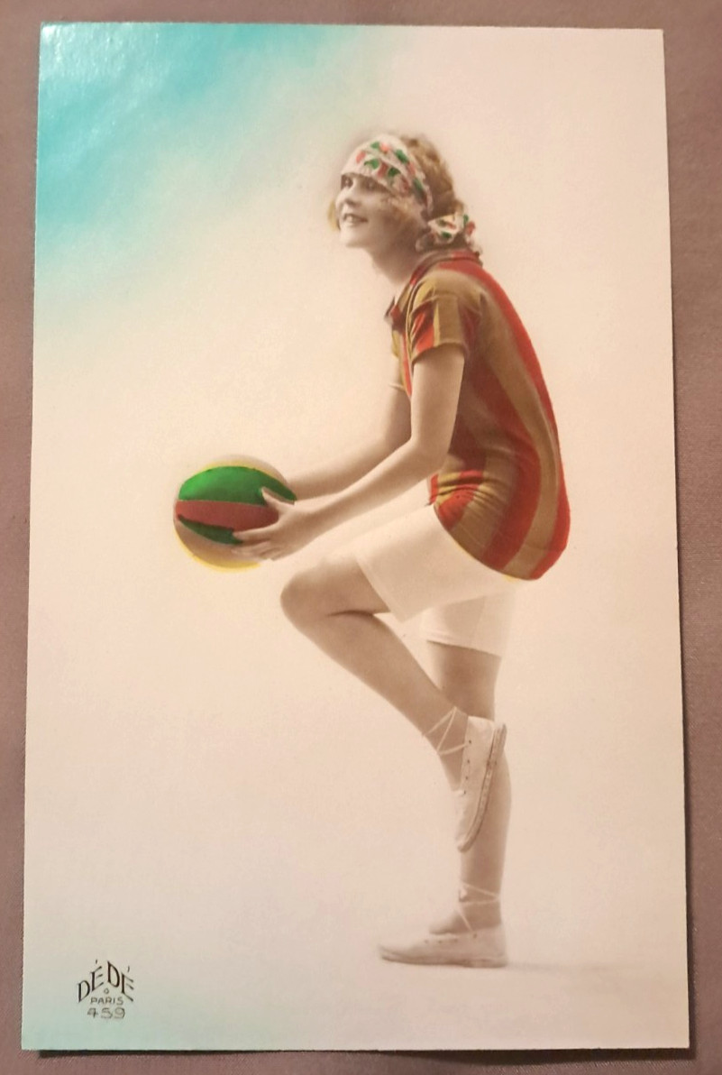 Antique French Hand-Tinted Postcard Pretty Woman with Volleyball, FRENCH DEDE