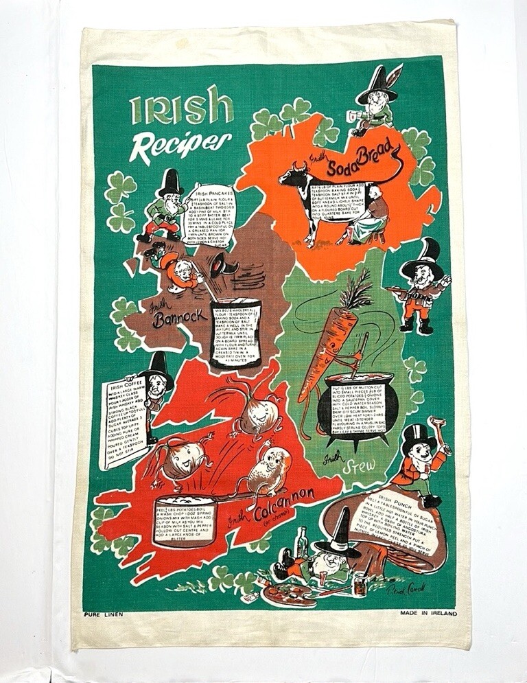 Vtg New Patrick Carroll IRISH RECIPES Graphic Art Linen Handprint TEA TOWEL