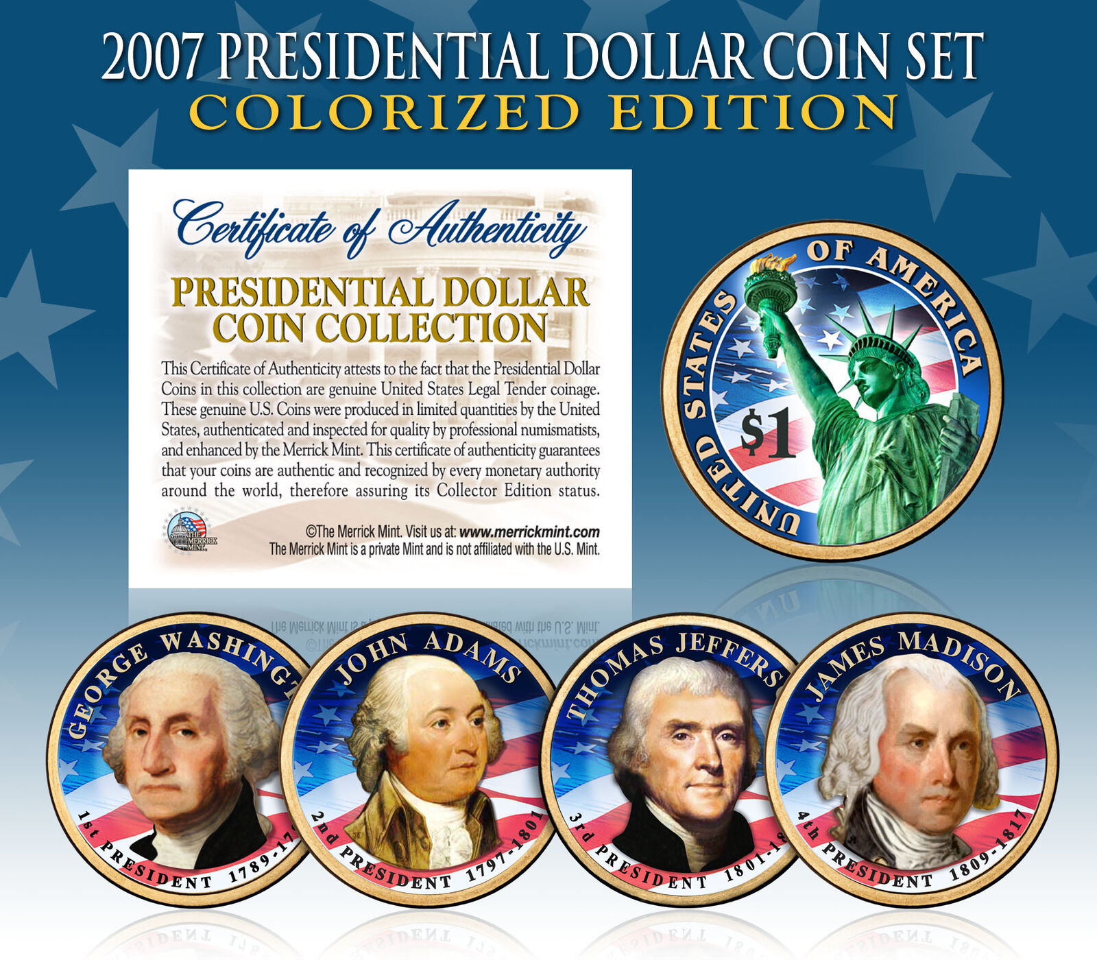 2007 Presidential $1 Dollar COLORIZED President 4-Coin Complete Set w/Capsules
