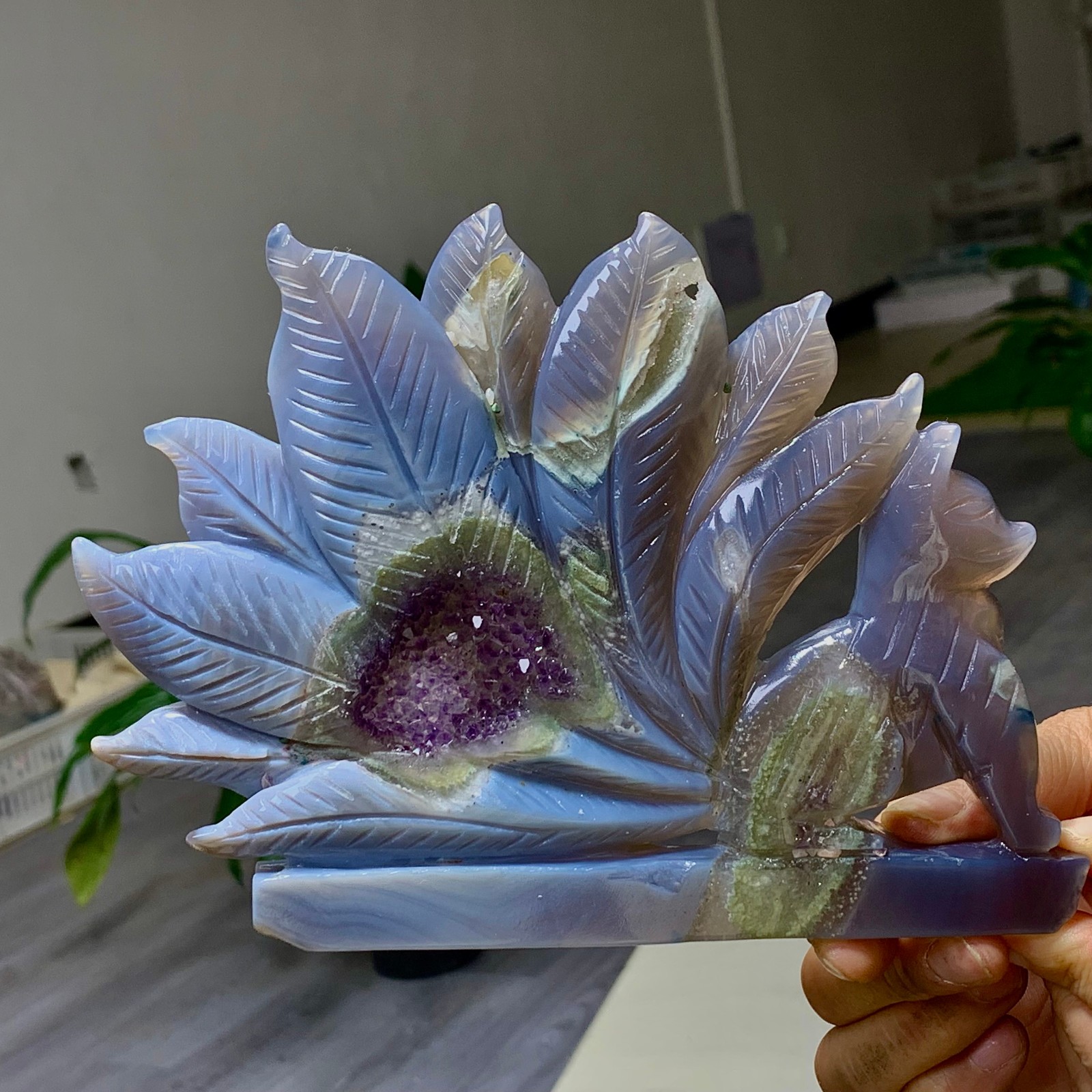 1.13LB Natural amethyst agate crystal specimen Hand carved Nine Tailed Fox