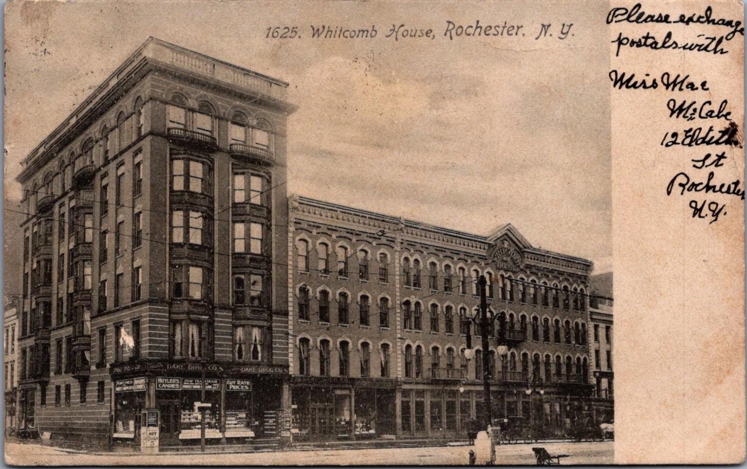 1908 Rotograph Postcard Whitcomb House Rochester NY Vintage Street View