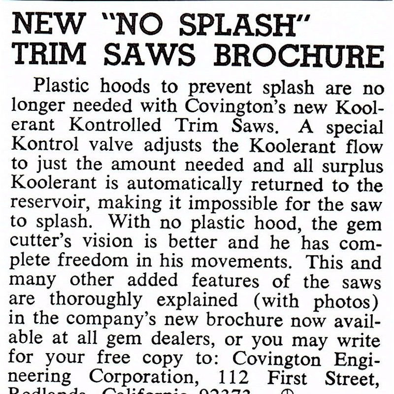 Covington Engineering Corp Kontrolled Trim Saws Redlands CA 1972 Ad AF8-M1
