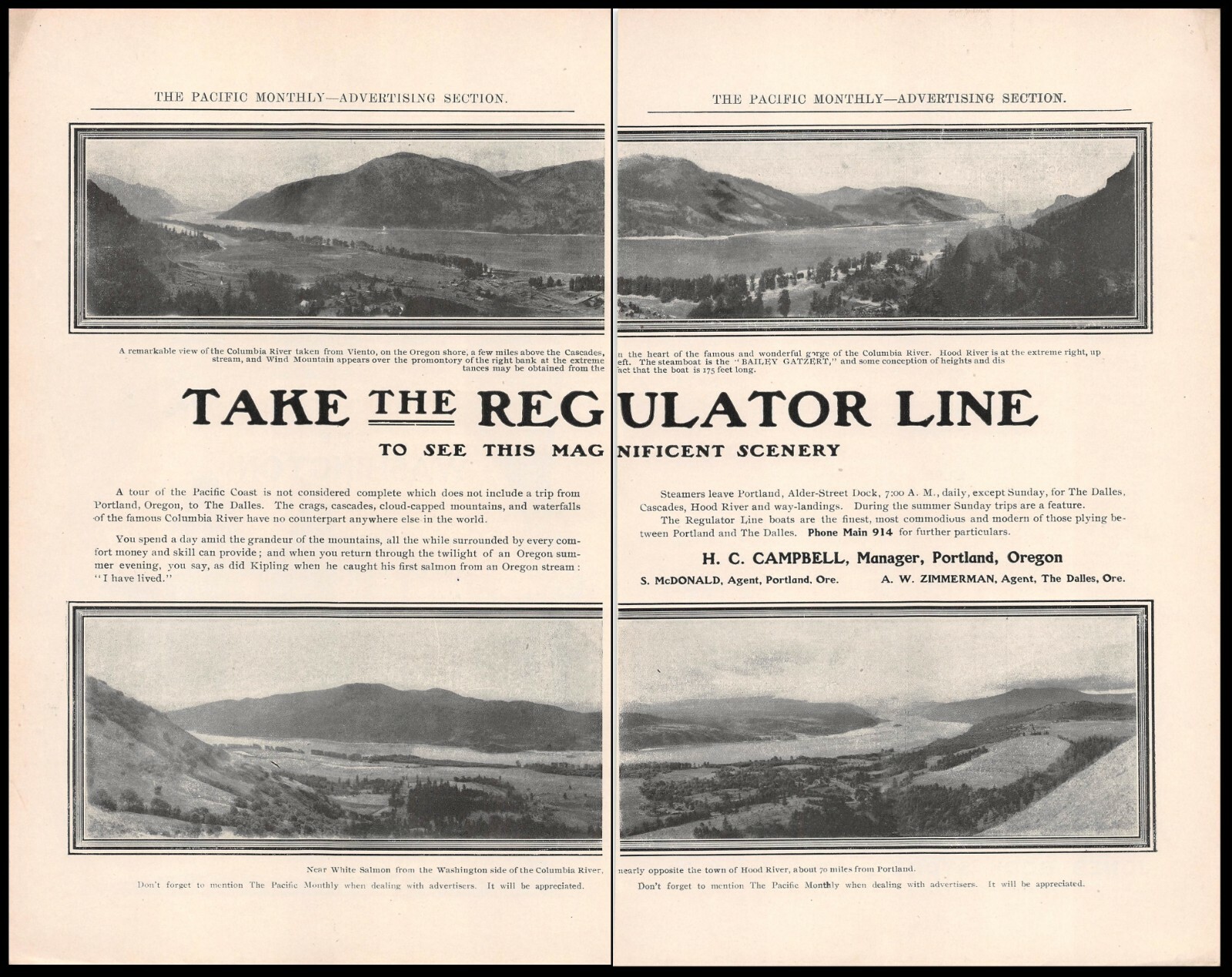 1905 ad COLUMBIA RIVER STEAMBOAT Hood River The Dalles Oregon Regulator Line