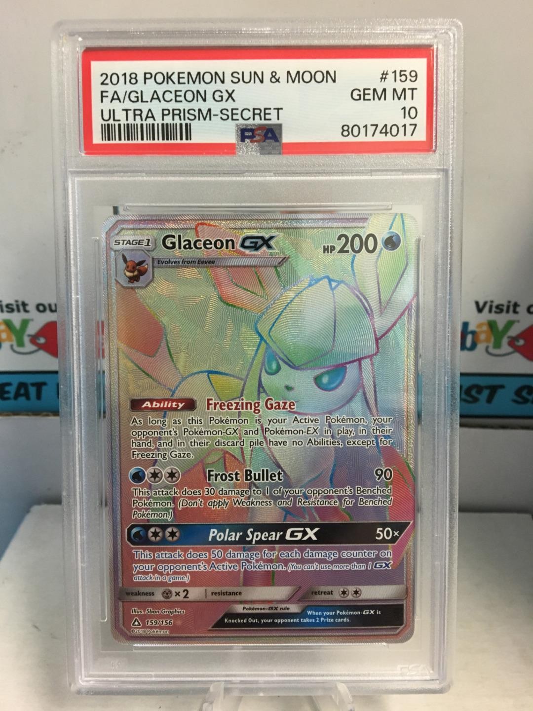 2018 Pokemon Sun & Moon Glaceon GX Ultra Prism Rainbow #159/156 PSA 10 GEM MINT