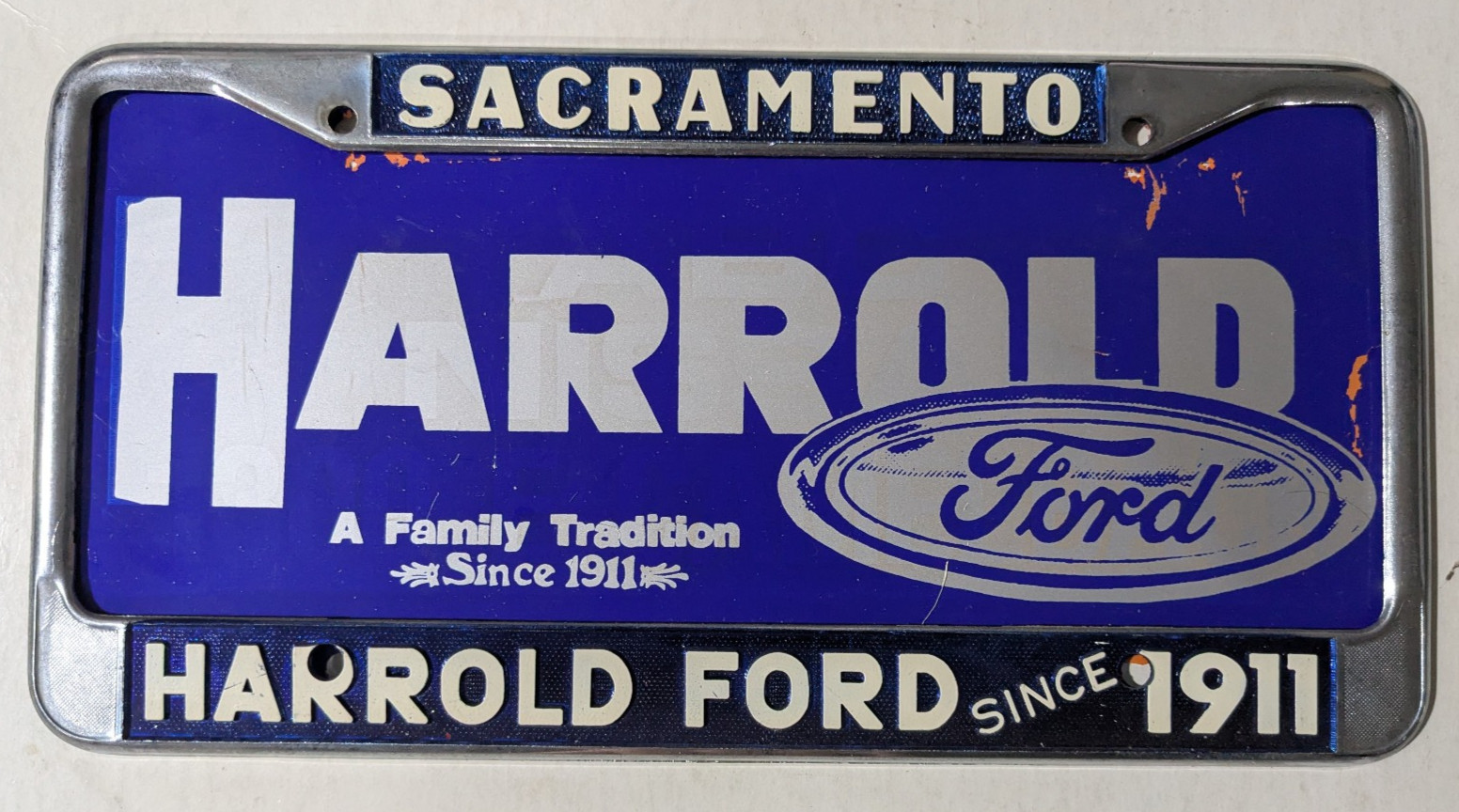 VTG Metal Sacramento California Harrold Ford License Plate Frame W/ Insert Gas