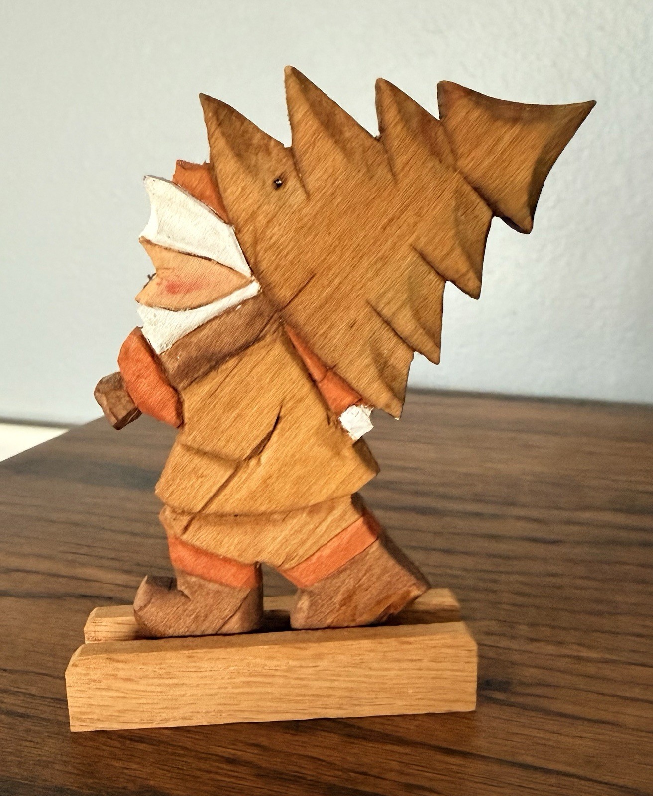 Vintage Erzgebirge Style Wooden Hand-Carved Santa Figurine on Wooden Base