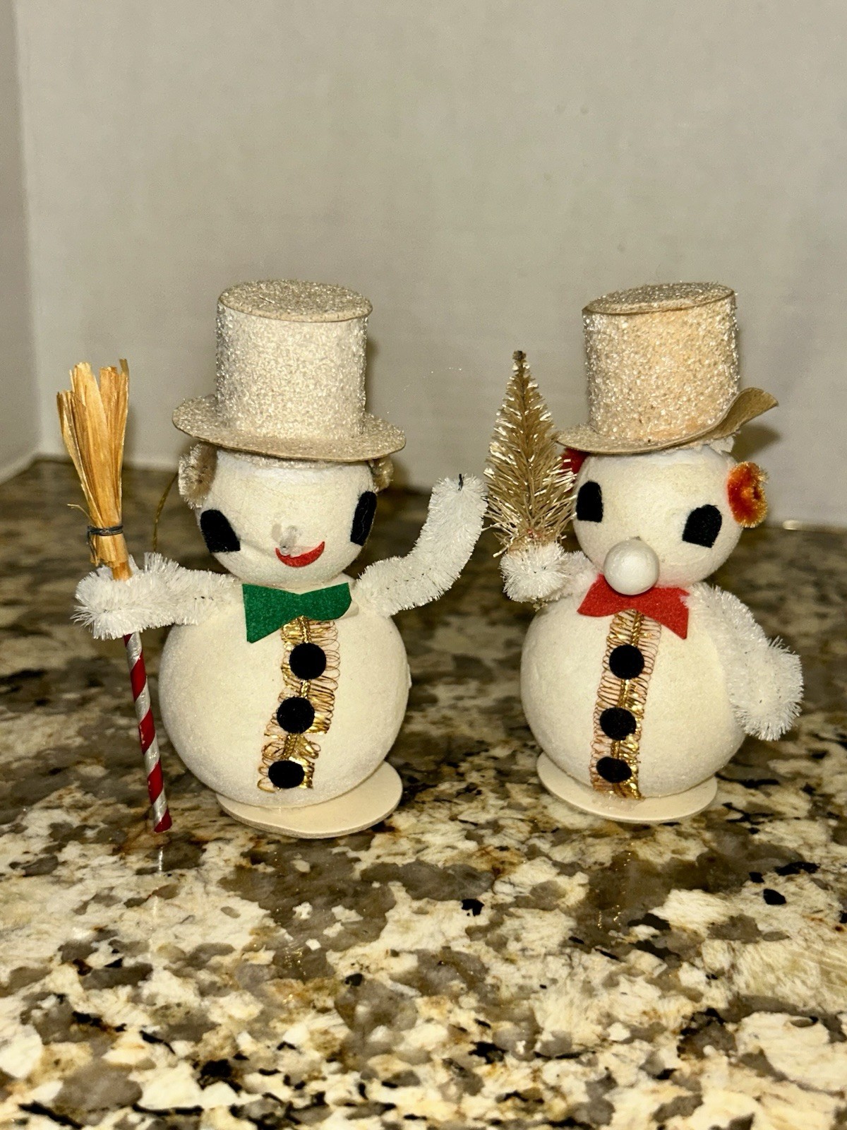VTG Putz Snowmen Spun Cotton Chenille Glitter Top Hats Christmas Decor Lot of 2