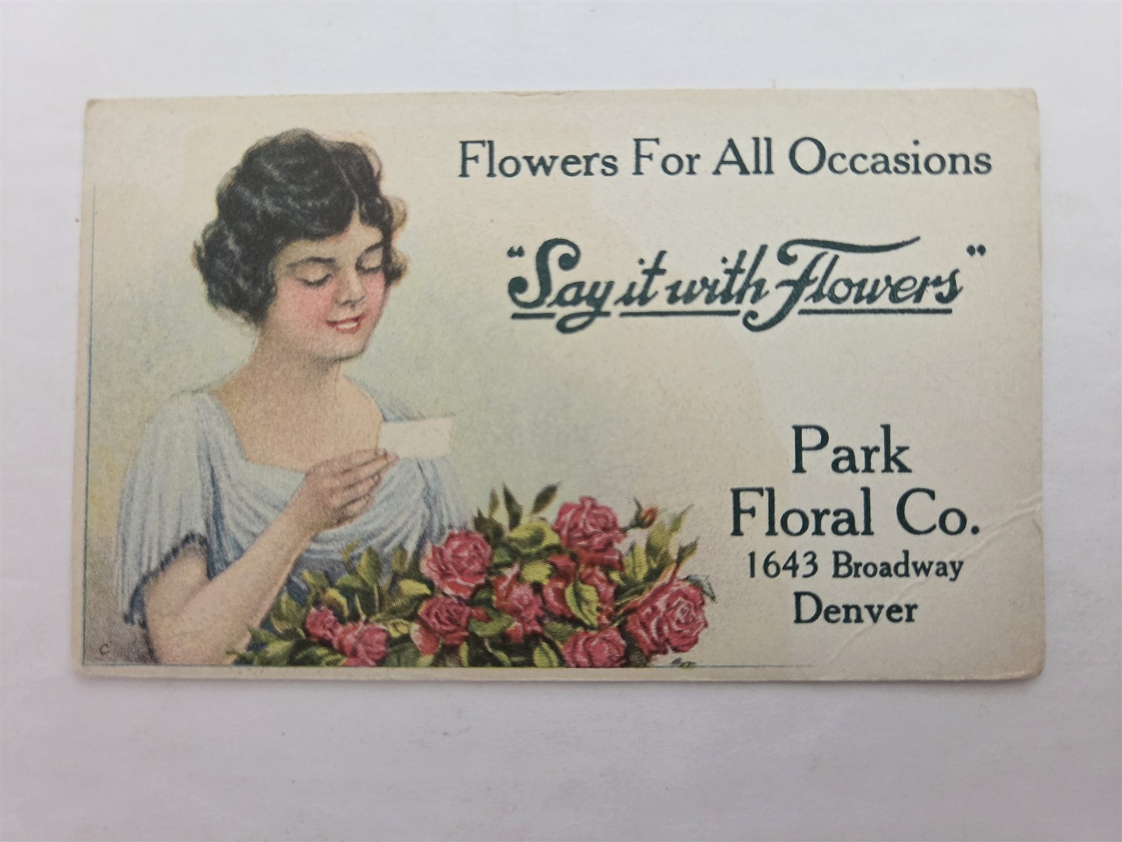 1920s antique PARK FLORAL CO denver co FLORIST FLOWERS business card