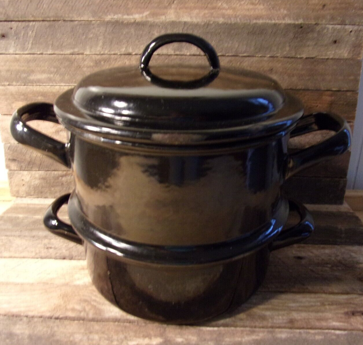 RARE ANTIQUE GEBRUDER BAUMANN LATE 1800\'s ENAMEL DOUBLE BOILER STOCK POT BLACK