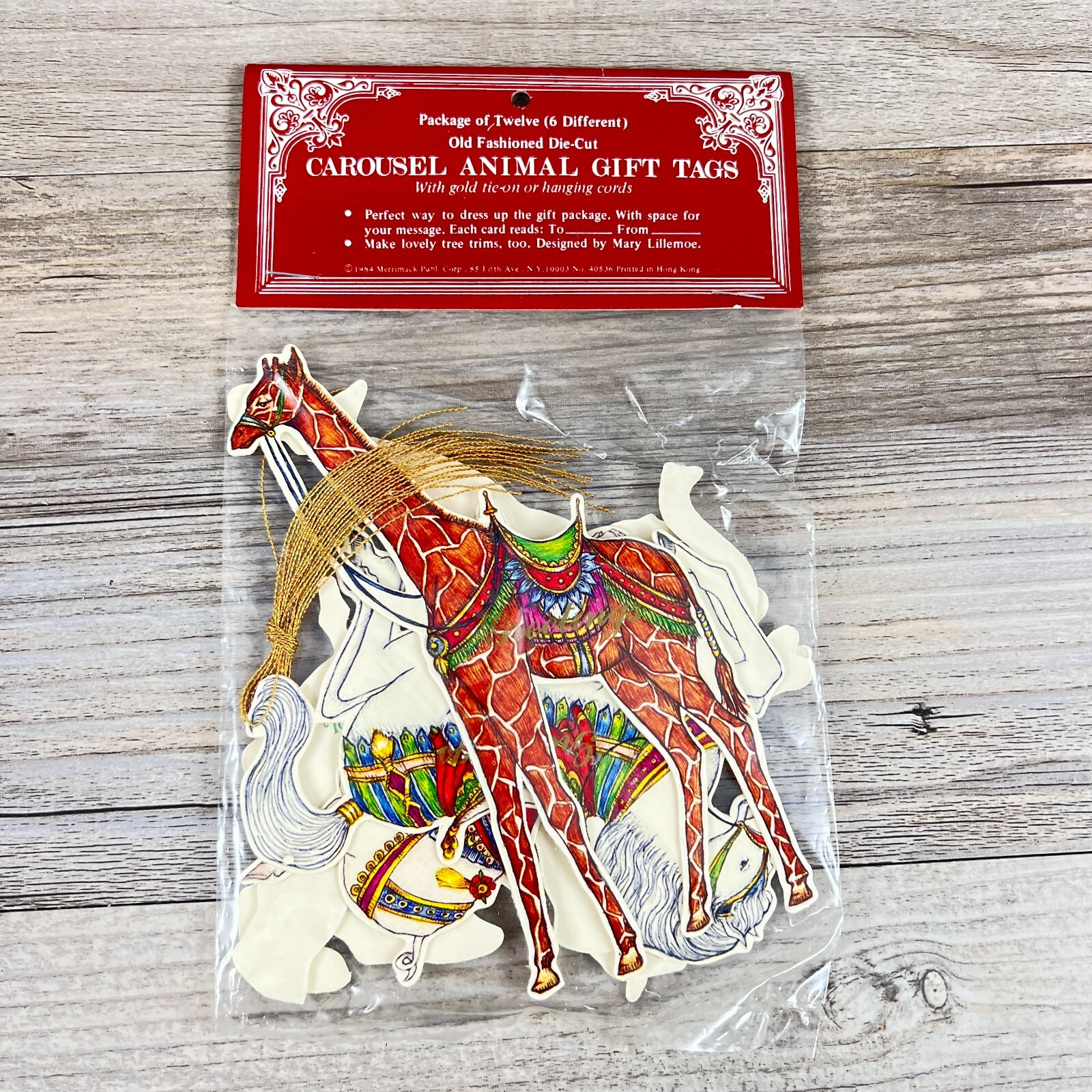 Merrimack Vintage 1984 Die Cut Cardboard Carousel Animal Gift Tags Gold Cords