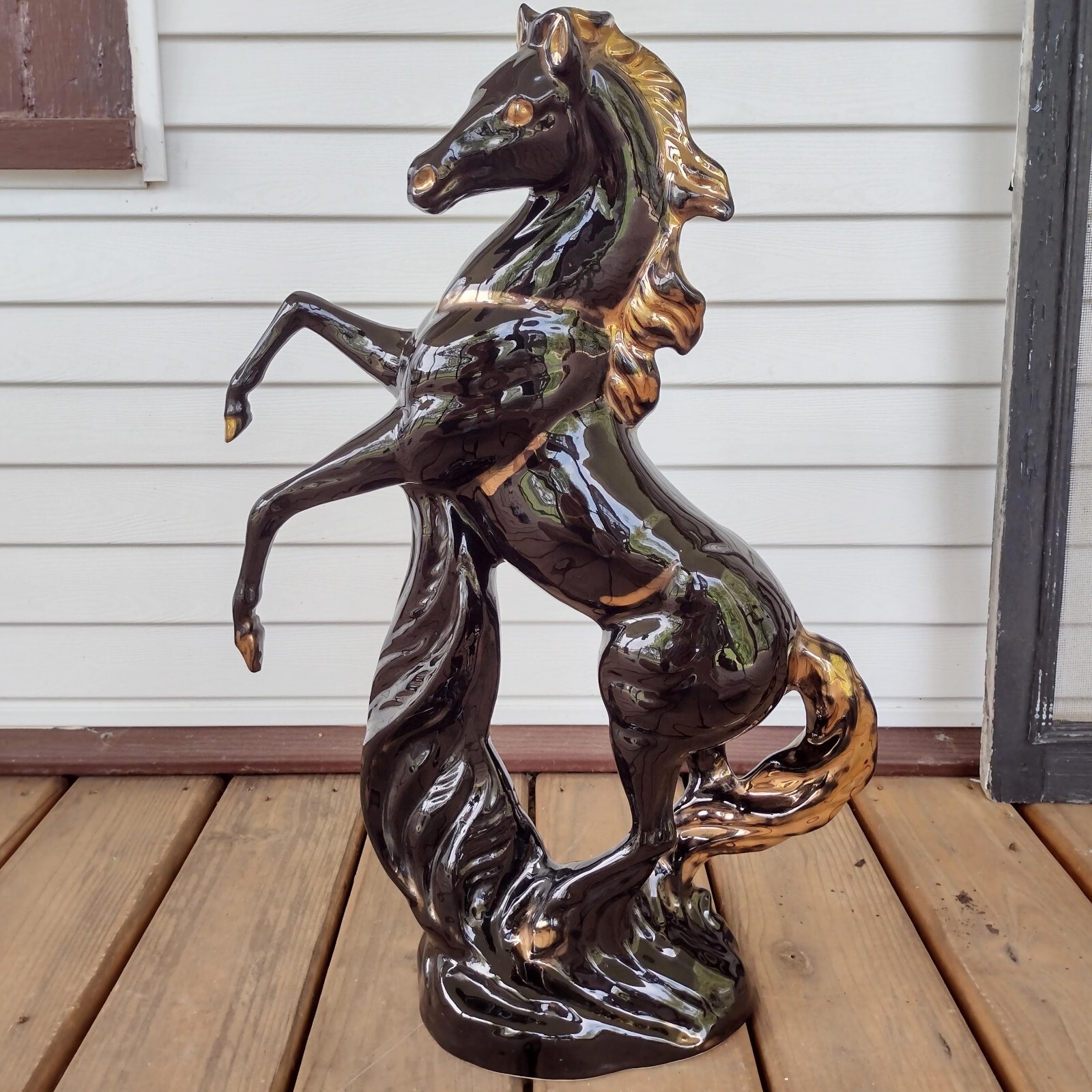 Vintage USA California Pottery Ceramic Stallion Pinto Horse Black Gold 25