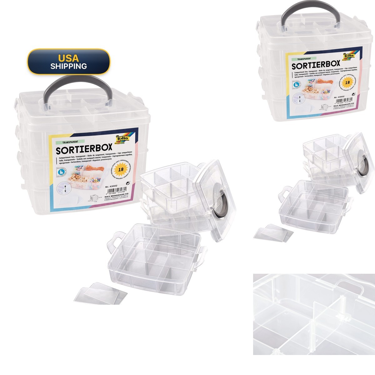 Folia 43002 Sorting Box - 18 Compartments 3 Levels, Carry Handle, 15x15x12.5cm