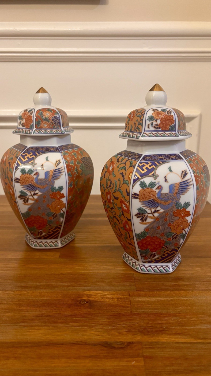 Pair (2) Vintage Andrea by Sadek Porcelain Lidded Ginger Jars Imari Peacock