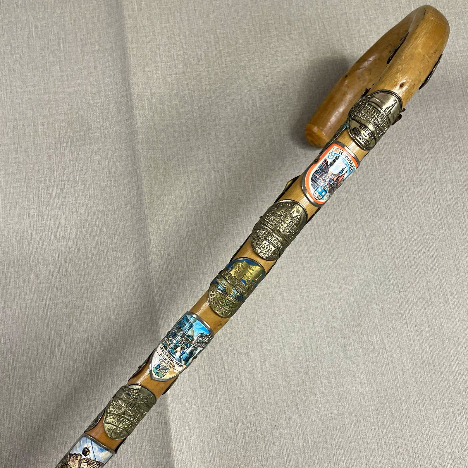 Vintage German Wanderstock Wooden Hiking Walking Cane 24 Metal Souvenir Badges