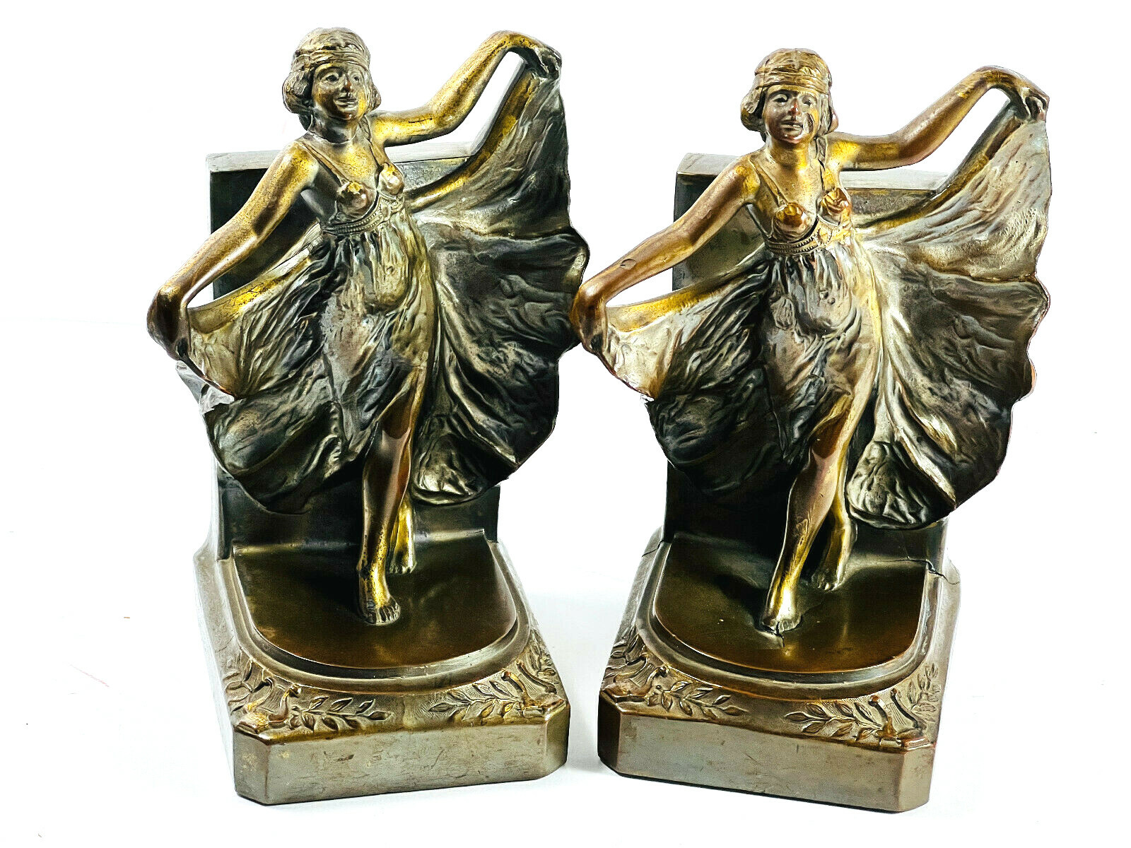 Antique 1920's Flapper Deco Girl Bookends spelt bronze Loie Fuller SEE PICS