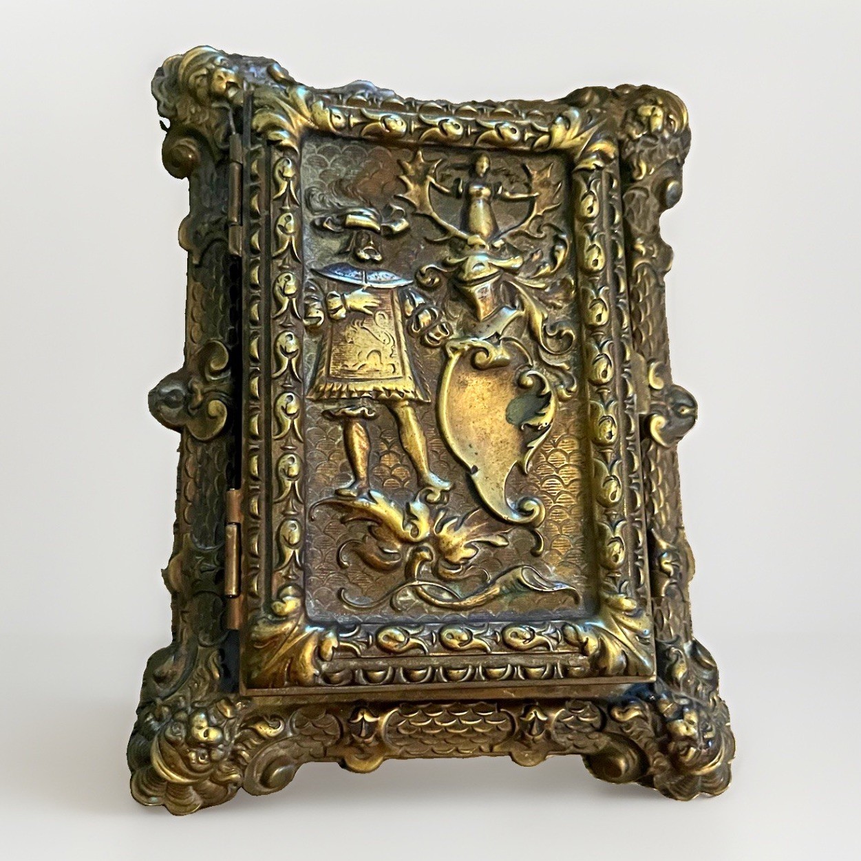 Antique Brass Knight Gothic Secret Door Wall Plaque /Medieval Desk Dark Academia